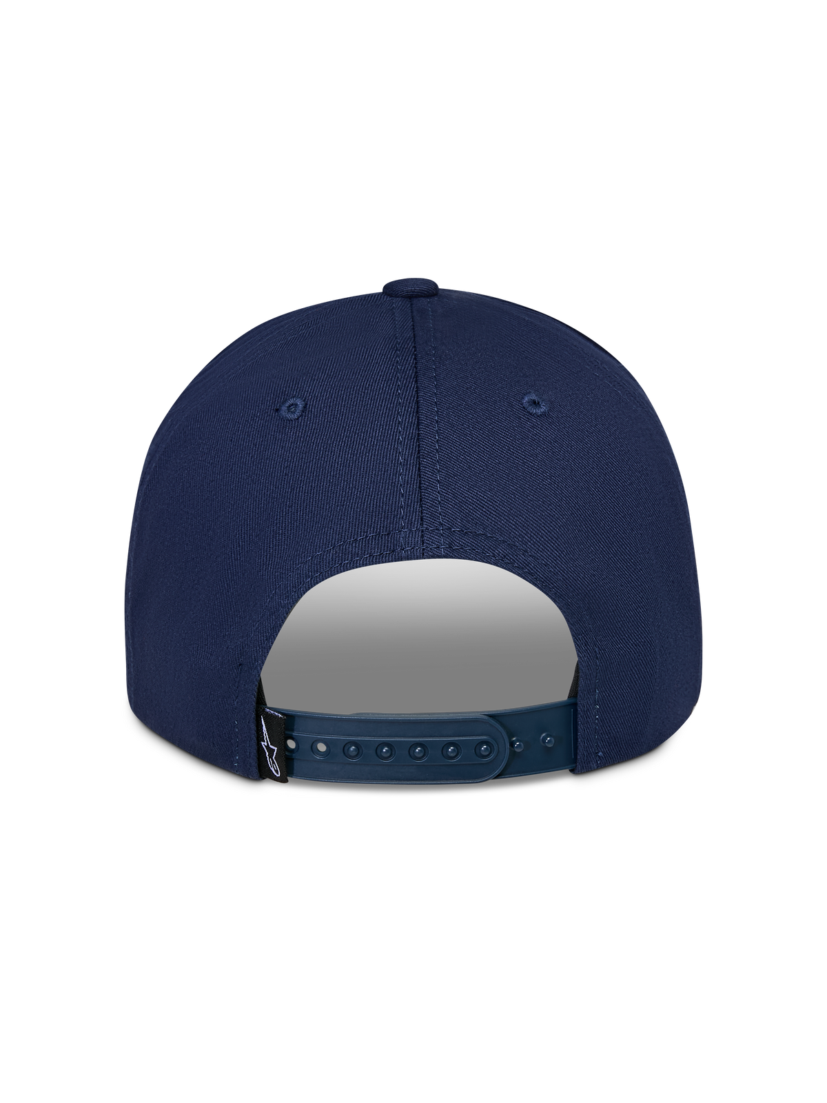 Alpinestars Trifecta Snapback Hat, Navy, back view featuring adjustable snapback closure, small black logo tag, durable cotton twill, casual motorsport streetwear