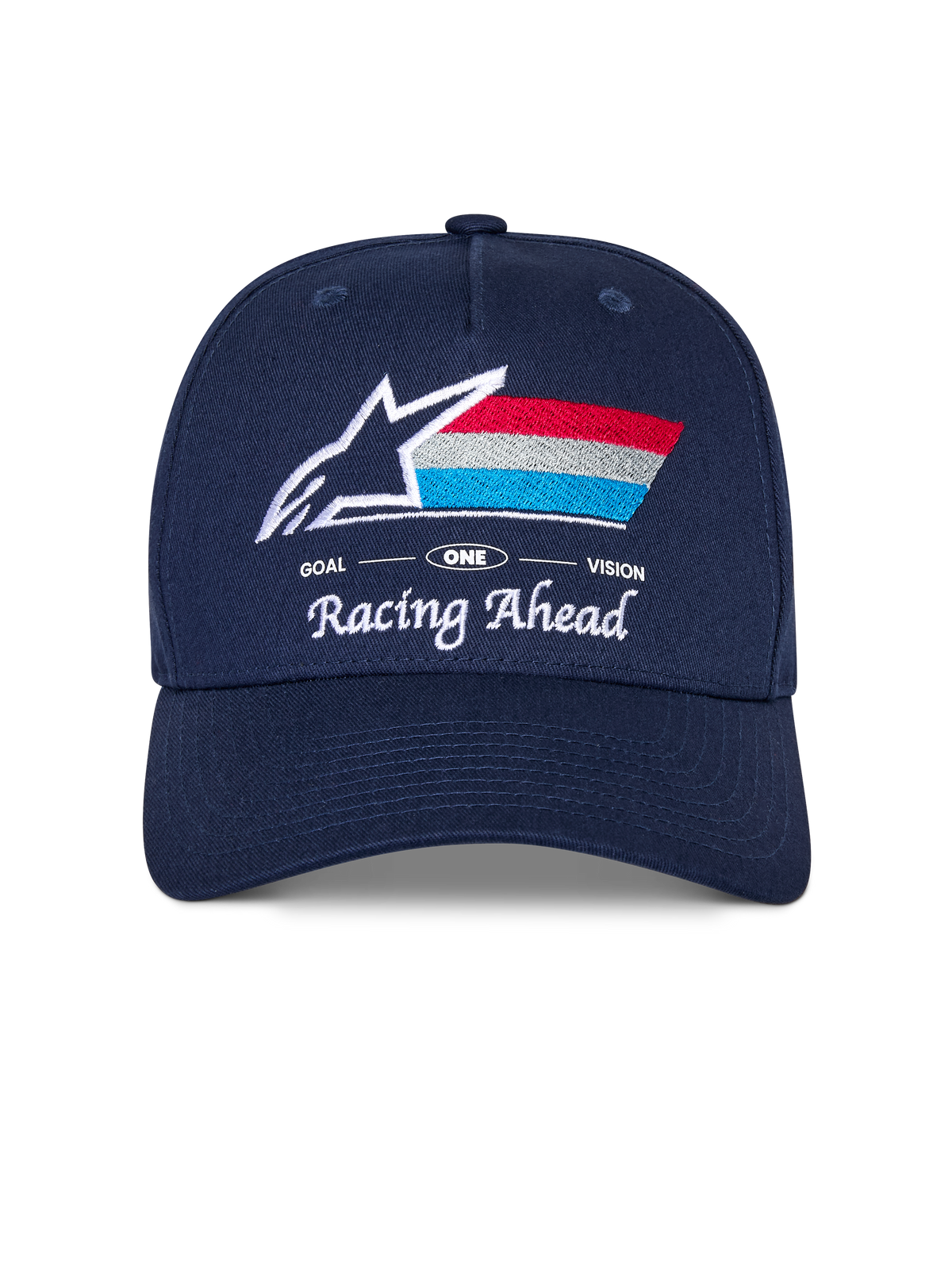 Alpinestars Trifecta Snapback Hat, Navy Blue cap with curved bill, featuring embroidered front logo with white star and tri-color stripes, 'Racing Ahead' and 'Goal One Vision' white text, structured crown, casual motorsport-inspired headwear