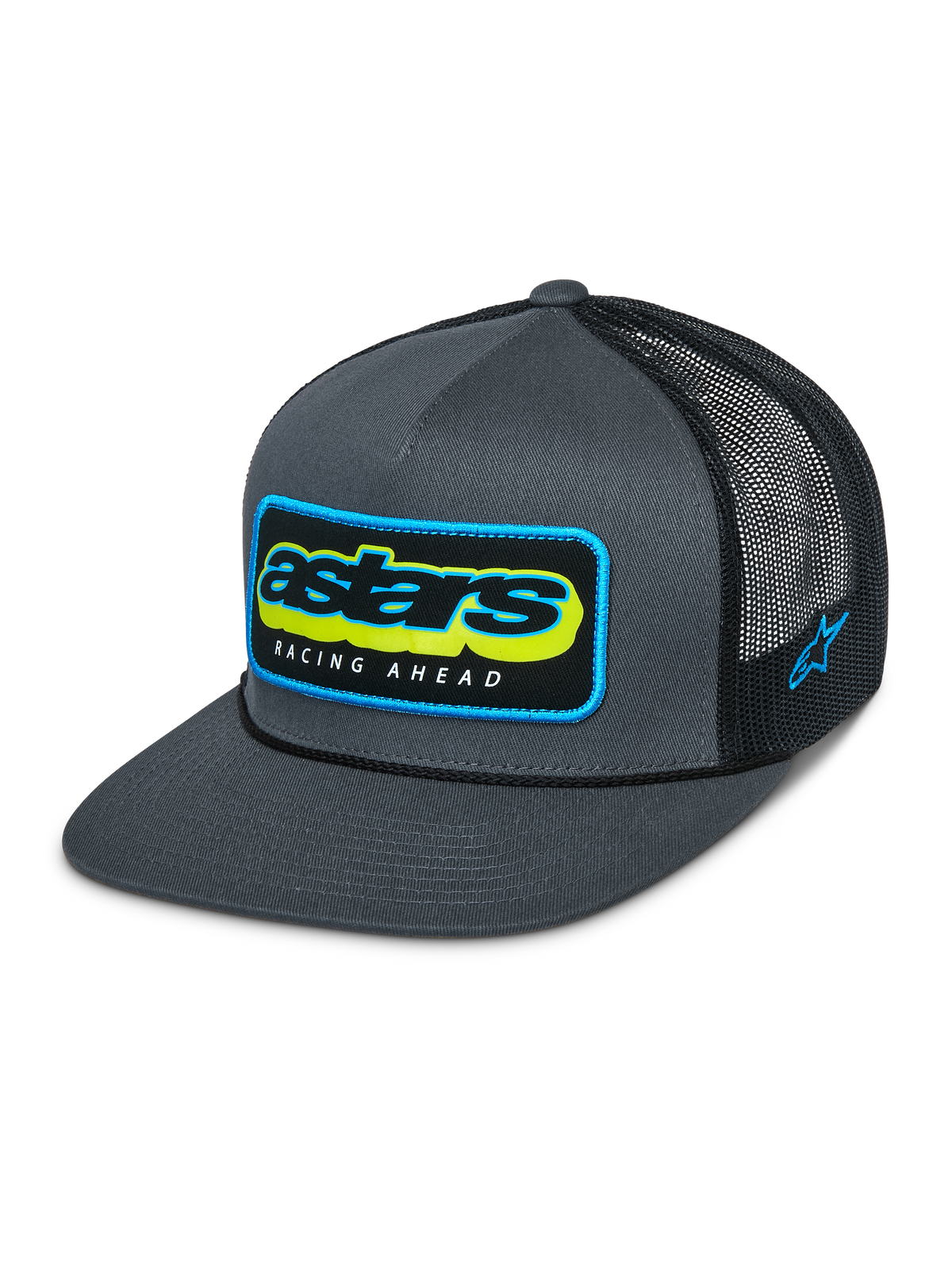 Alpinestars Phosphor Trucker Hat, ciemnoszara czapka typu trucker, szary przód z twillu i czarna siateczka z tyłu, wielokolorowe logo Astars z napisem „Racing Ahead”, płaski daszek, haftowane logo z boku, sportowy styl