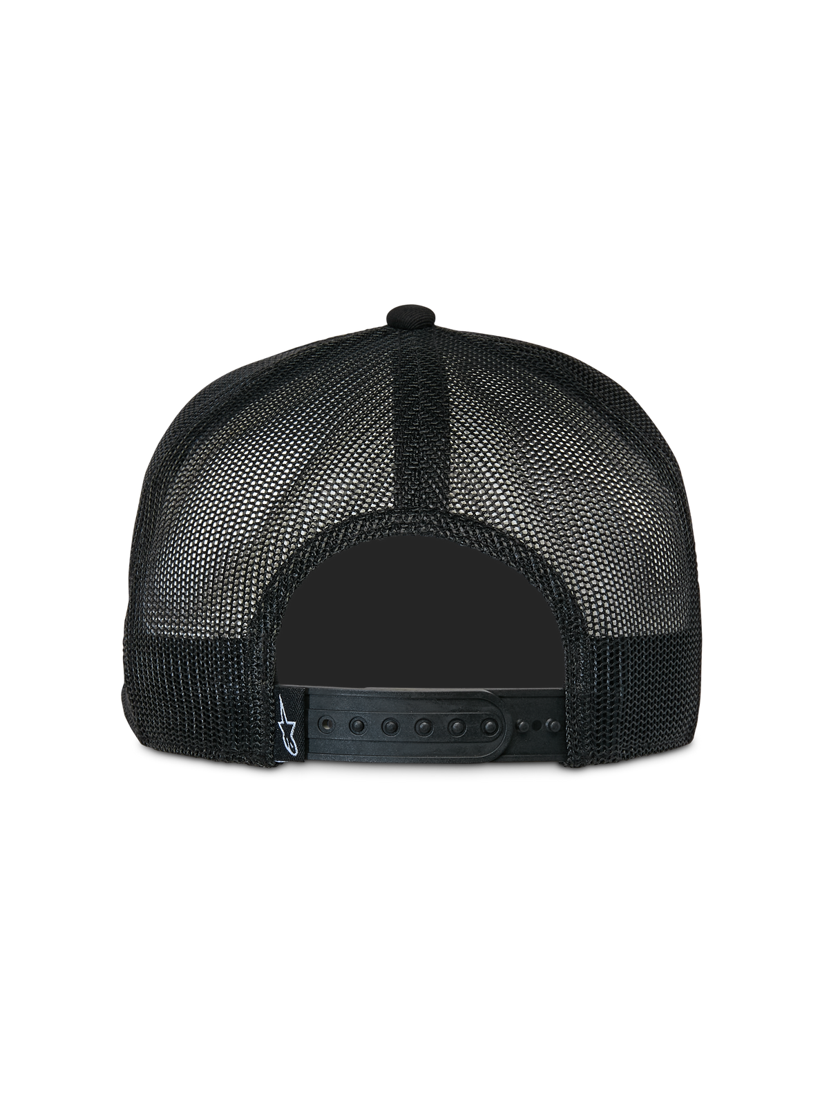 Alpinestars Contender Trucker Hat, czarna, widok z tyłu z poliestrową siateczką i regulowanym zapięciem snapback, mała biała metka z logo Astars, codzienne nakrycie głowy inspirowane sportami motorowymi