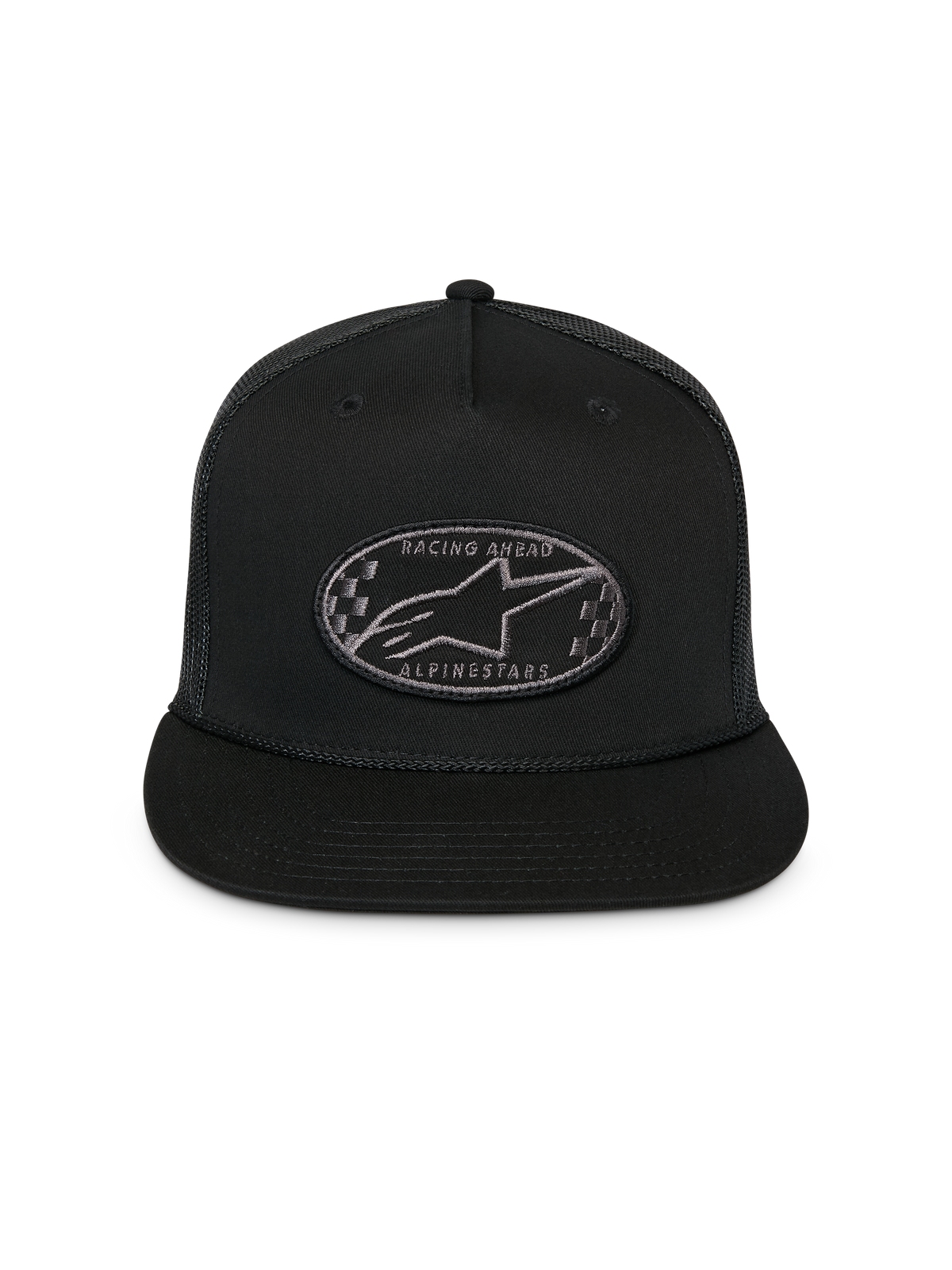 Alpinestars Contender Trucker Hat, czarna czapka typu trucker z płaskim daszkiem, owalna haftowana naszywka z logo Astars i motywem szachownicy, siateczkowy tył, sportowe nakrycie głowy