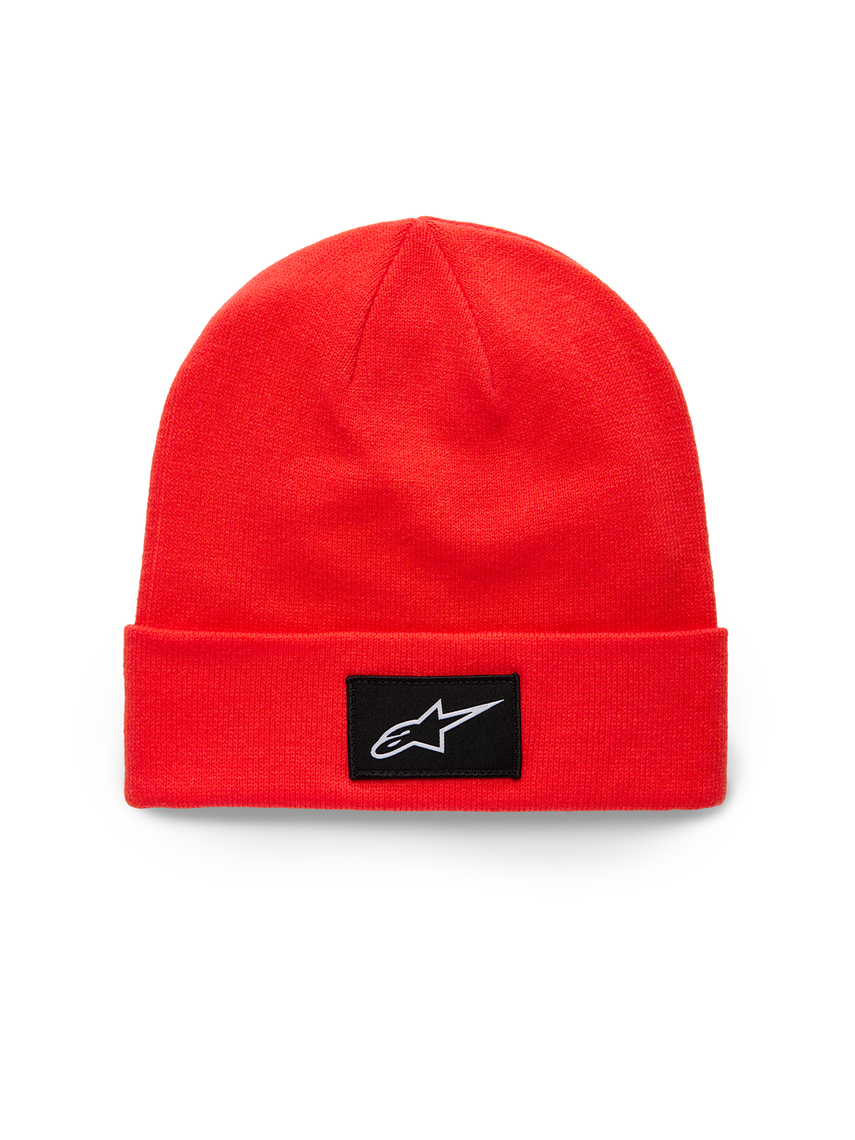 Alpinestars Augment Cuff Beanie, jasnoczerwona czapka dzianinowa z wywinięciem, czarna tkana naszywka z białym logo Astars, casualowa odzież sportowa