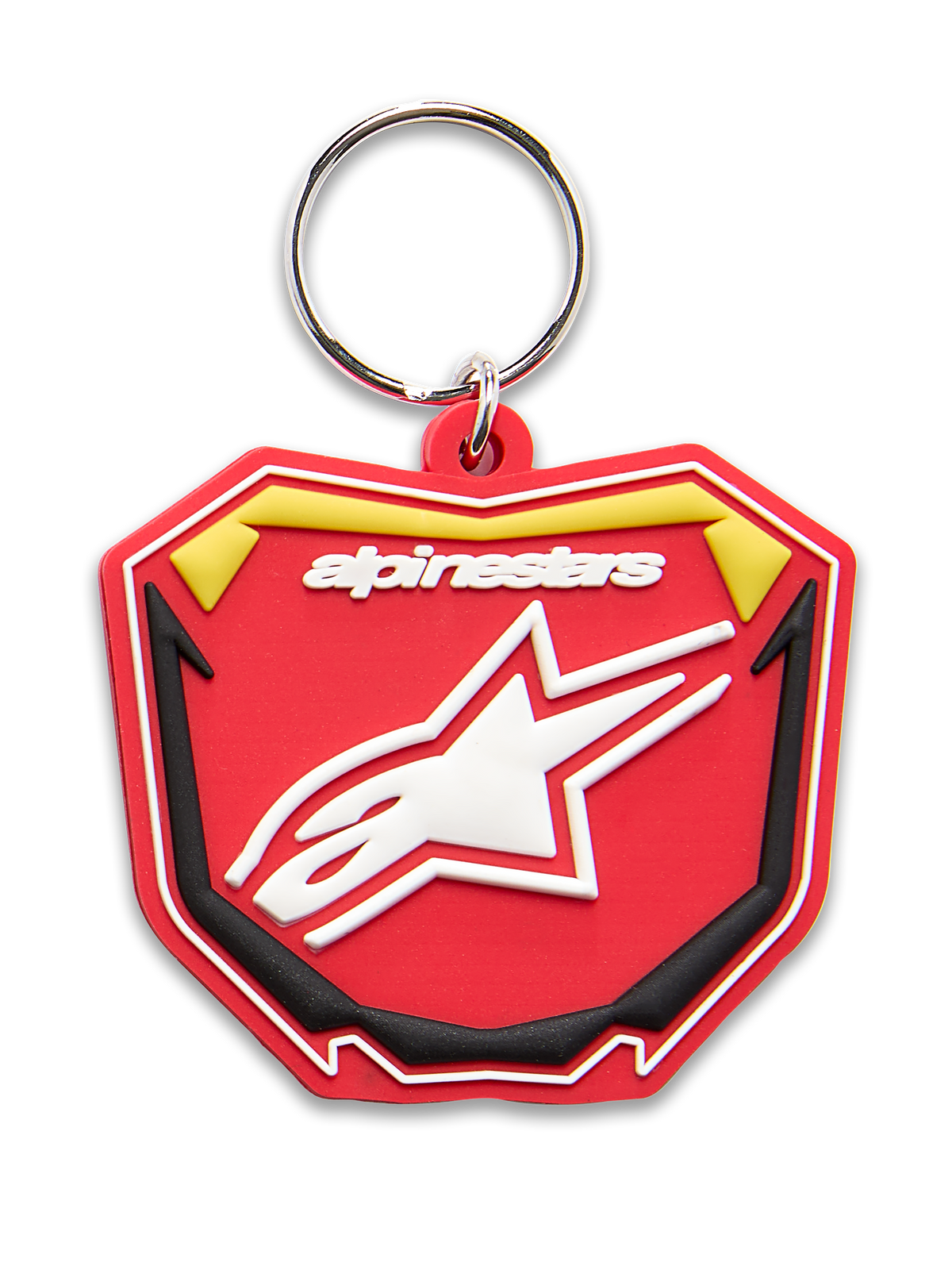 Alpinestars Plate Keyfob, trójwymiarowy brelok, czerwony, żółty i czarny, białe logo Alpinestars i symbol gwiazdy Astars, srebrne metalowe kółko, wzór płytki MX inspirowany motorsportem