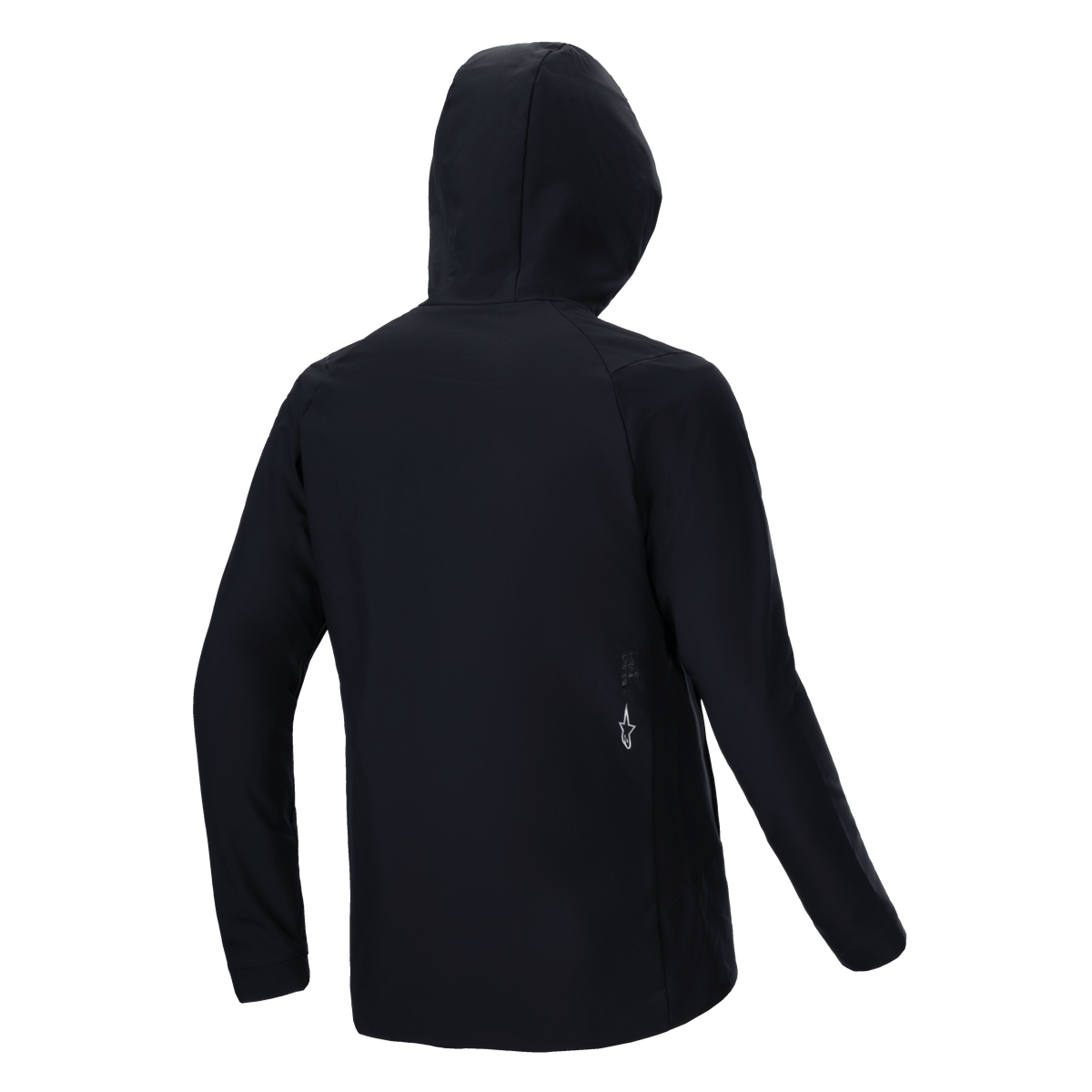 Alpinestars A-Dura Thermal Jacket, Black, Back view, featuring a hood and long sleeves with a small white Alpinestars logo on the lower back, lightweight insulated design for mountain bike performance