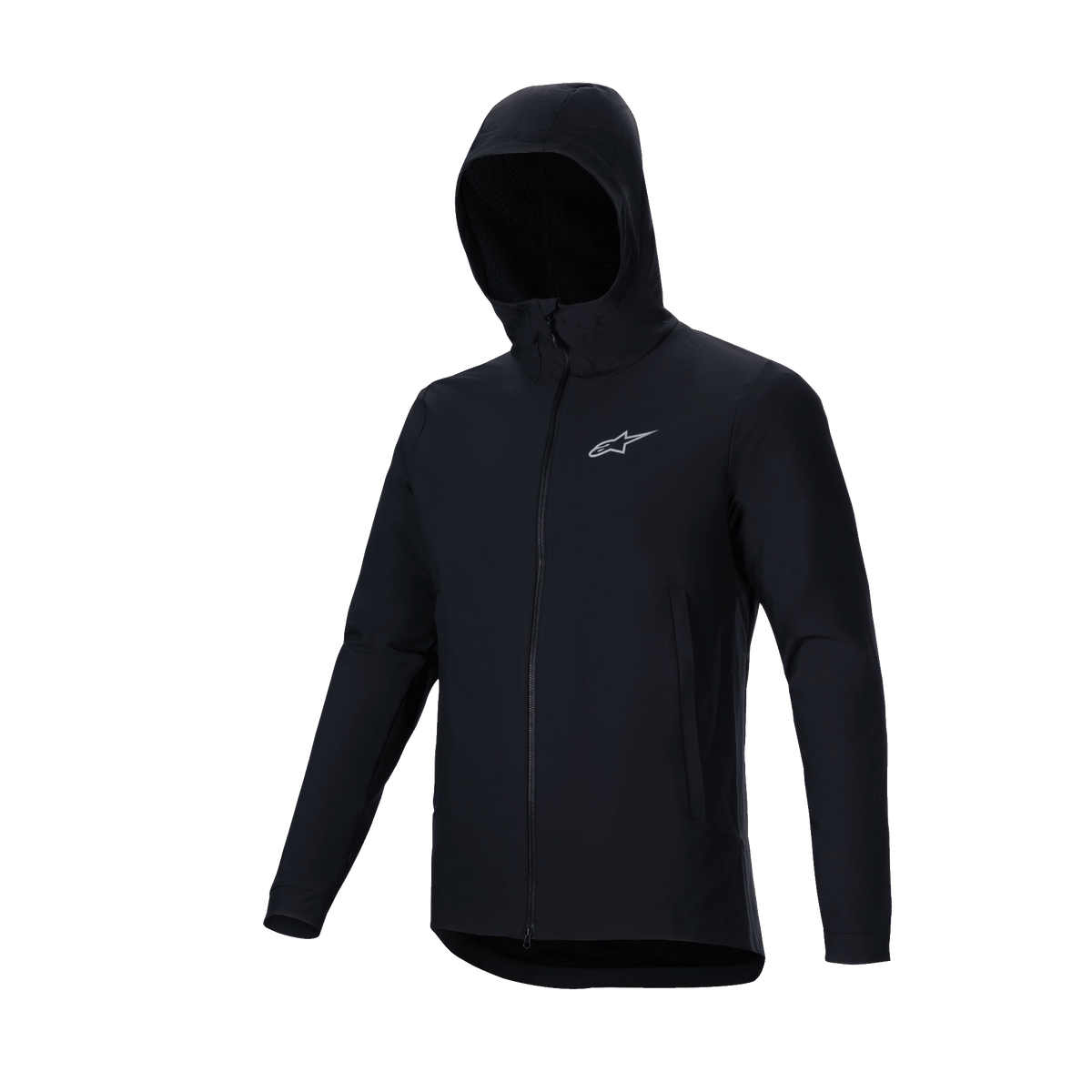 Alpinestars A-Dura Thermal Jacket, Black, lightweight insulated mountain bike jacket, featuring a hooded design, full-length front zipper, and reflective silver Astars logo on the chest, performance outerwear for cold-weather cycling