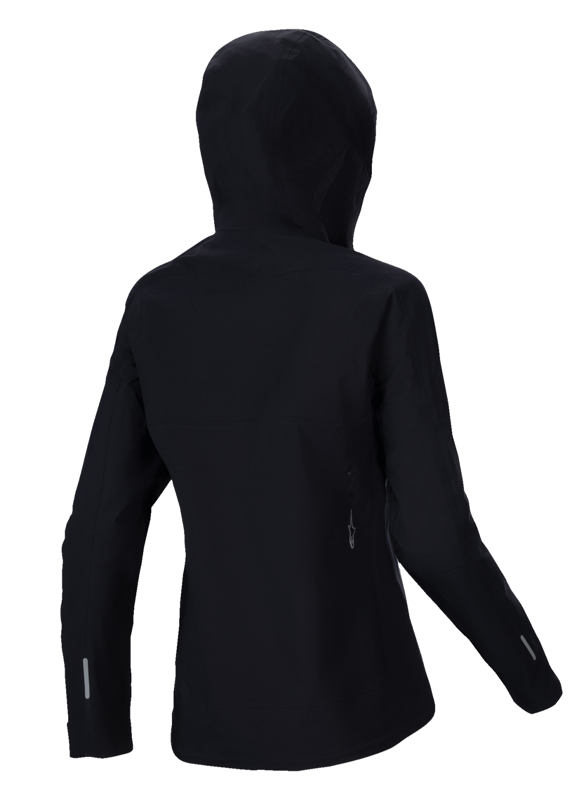 Alpinestars Stella A-Dura Elite Waterproof Jacket, damska kurtka przeciwdeszczowa MTB, czarna, widok z tyłu z kapturem zakładanym na kask, odblaskowe detale na rękawach i dole pleców, wytrzymała tkanina ripstop do jazdy po szlakach w każdą pogodę