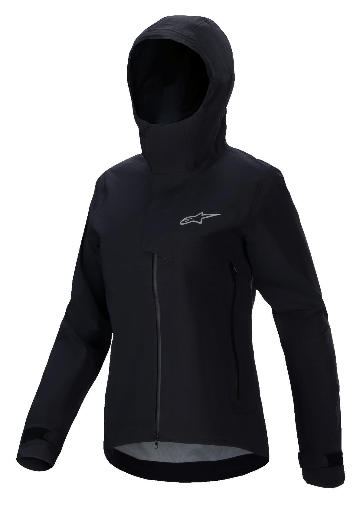 Alpinestars Stella A-Dura Elite Waterproof Jacket, damska kurtka na rower górski, czarna, z kapturem i ochronną listwą przeciwdeszczową, zamek błyskawiczny z przodu, kieszenie boczne zapinane na zamek, regulowane mankiety na rzepy, techniczny wodoodporny materiał ze srebrnym logo na piersi