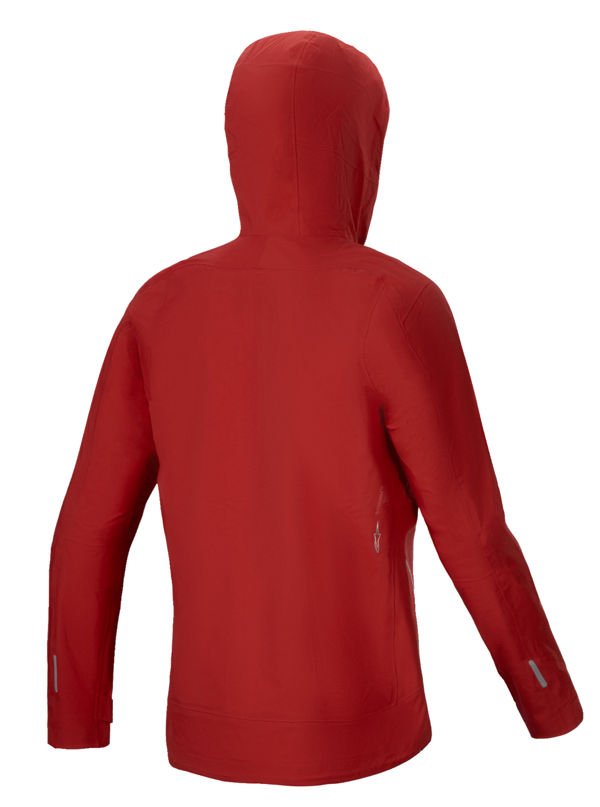 Alpinestars Stella A-Dura Elite Waterproof Jacket, damska kurtka przeciwdeszczowa MTB, czerwona fluo, widok z tyłu pokazujący kaptur kompatybilny z kaskiem i konstrukcję z membrany stretch ripstop 3L