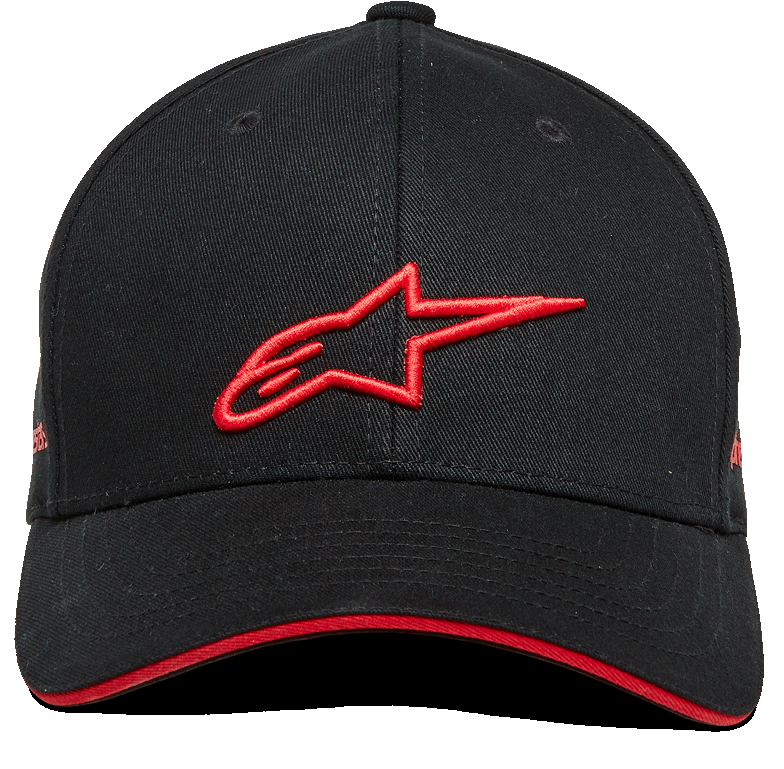 Alpinestars Rostrum Hat, czapka z wygiętym daszkiem typu snapback, czarno-czerwona, czerwone haftowane logo 3D A-star z przodu, czerwona krawędź daszka typu sandwich, usztywniona korona, tkanina twill, codzienne nakrycie głowy w stylu motorsportowym