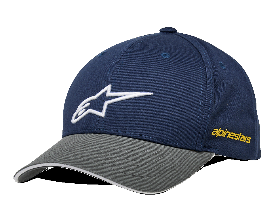 Alpinestars Rostrum Hat, czapka baseballowa, granatowa i szara, białe haftowane logo gwiazdy, żółty branding z boku, zakrzywiony daszek, codzienna odzież uliczna w stylu motorsport