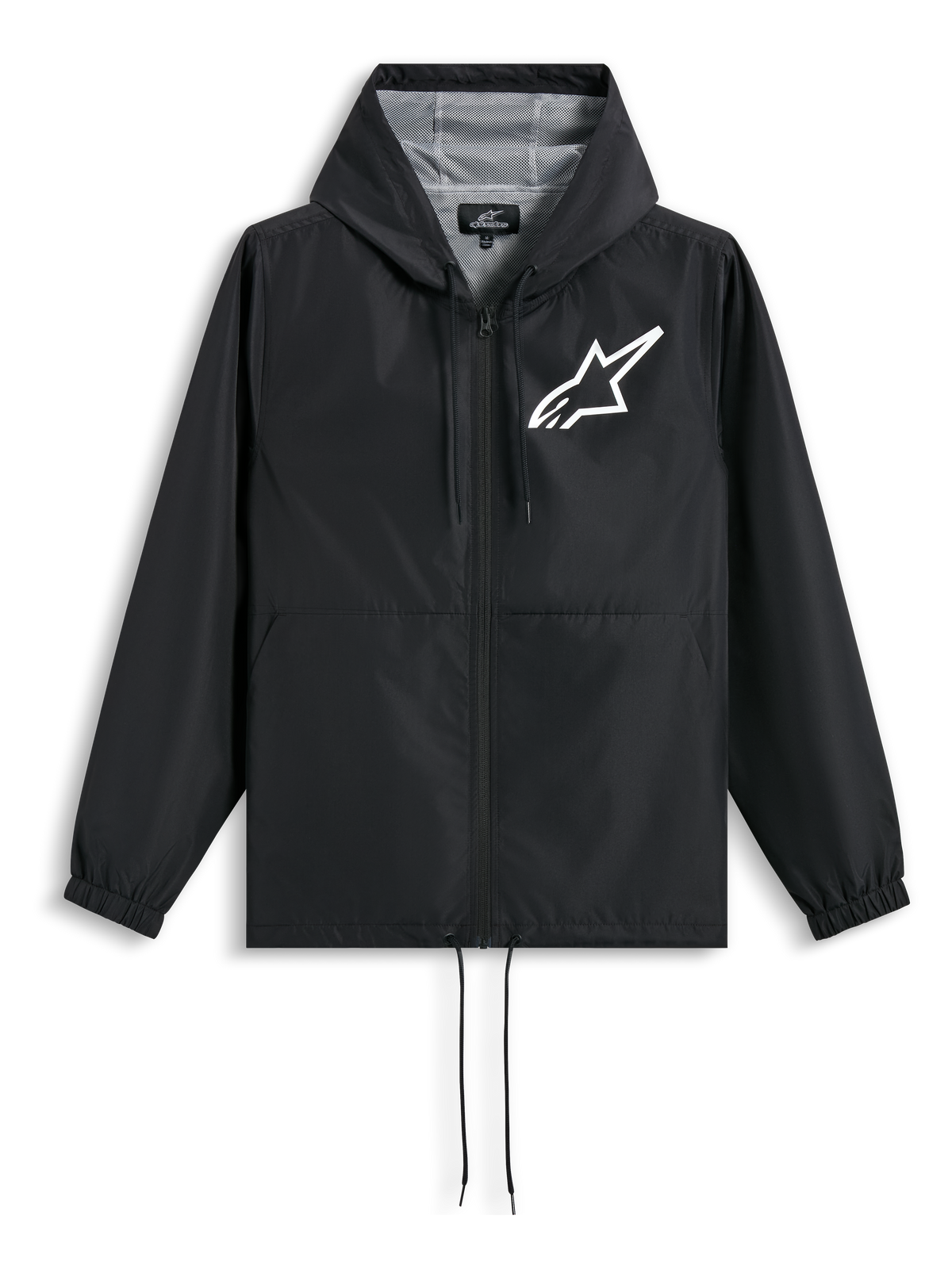 Kurtka Speeder Chromium Windbreak, czarna kurtka z kapturem i podszewką z siateczki, białe logo Alpinestars na piersi, lekka odzież sportowa