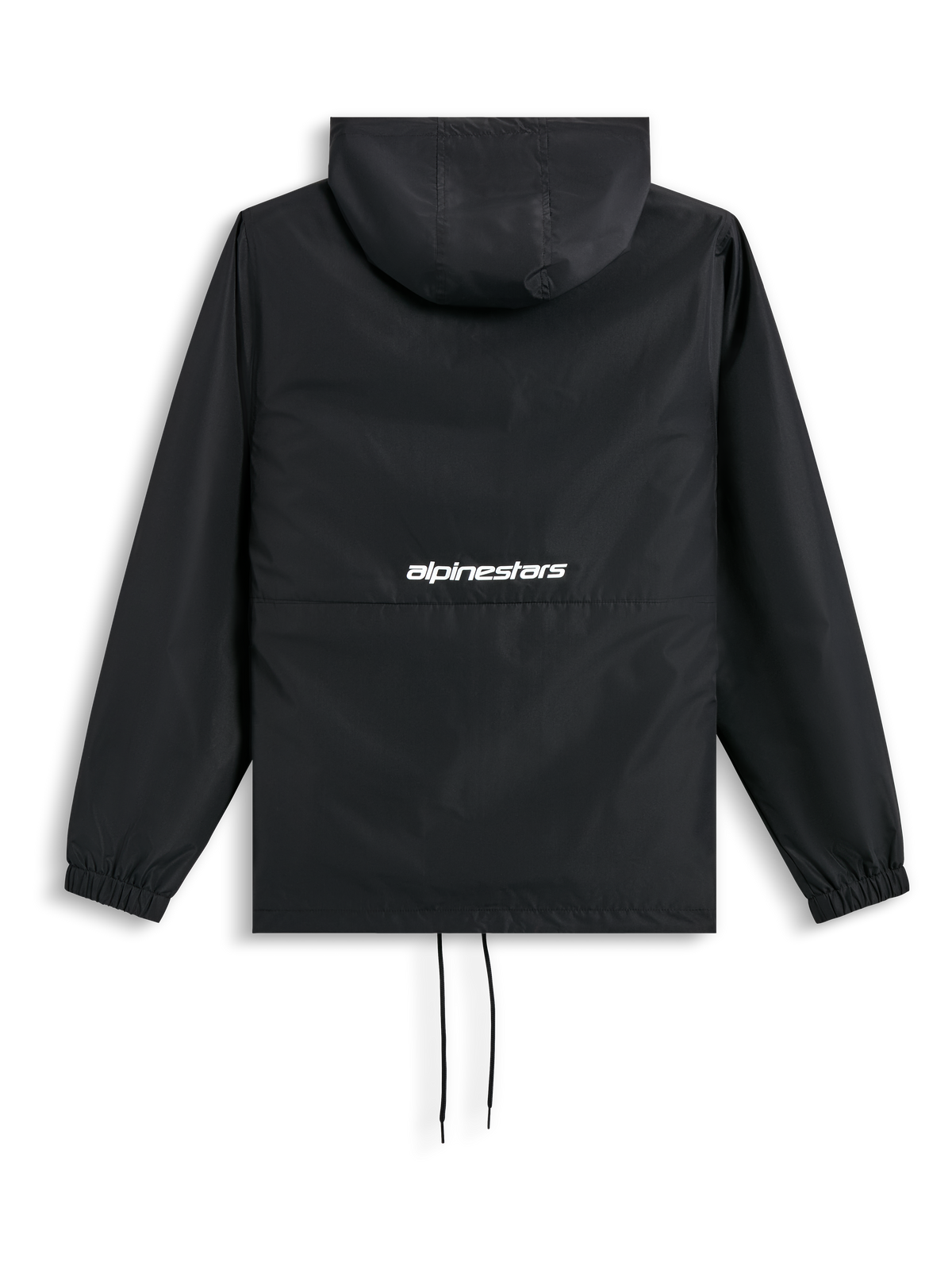 Alpinestars Speeder Chromium Windbreak, czarna kurtka z kapturem, widok z tyłu z elastycznymi mankietami, ściągaczem u dołu i białym logo słownym z tyłu