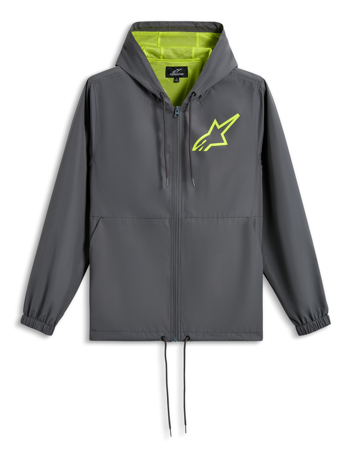 Alpinestars Speeder Chromium Windbreak Jacket, ciemnoszara z neonowożółtymi elementami, limonkowo-zielone logo z gwiazdą na piersi, kaptur z podszewką z siateczki, zamek na całej długości, dół ze ściągaczem, codzienna wiatrówka inspirowana sportami motorowymi