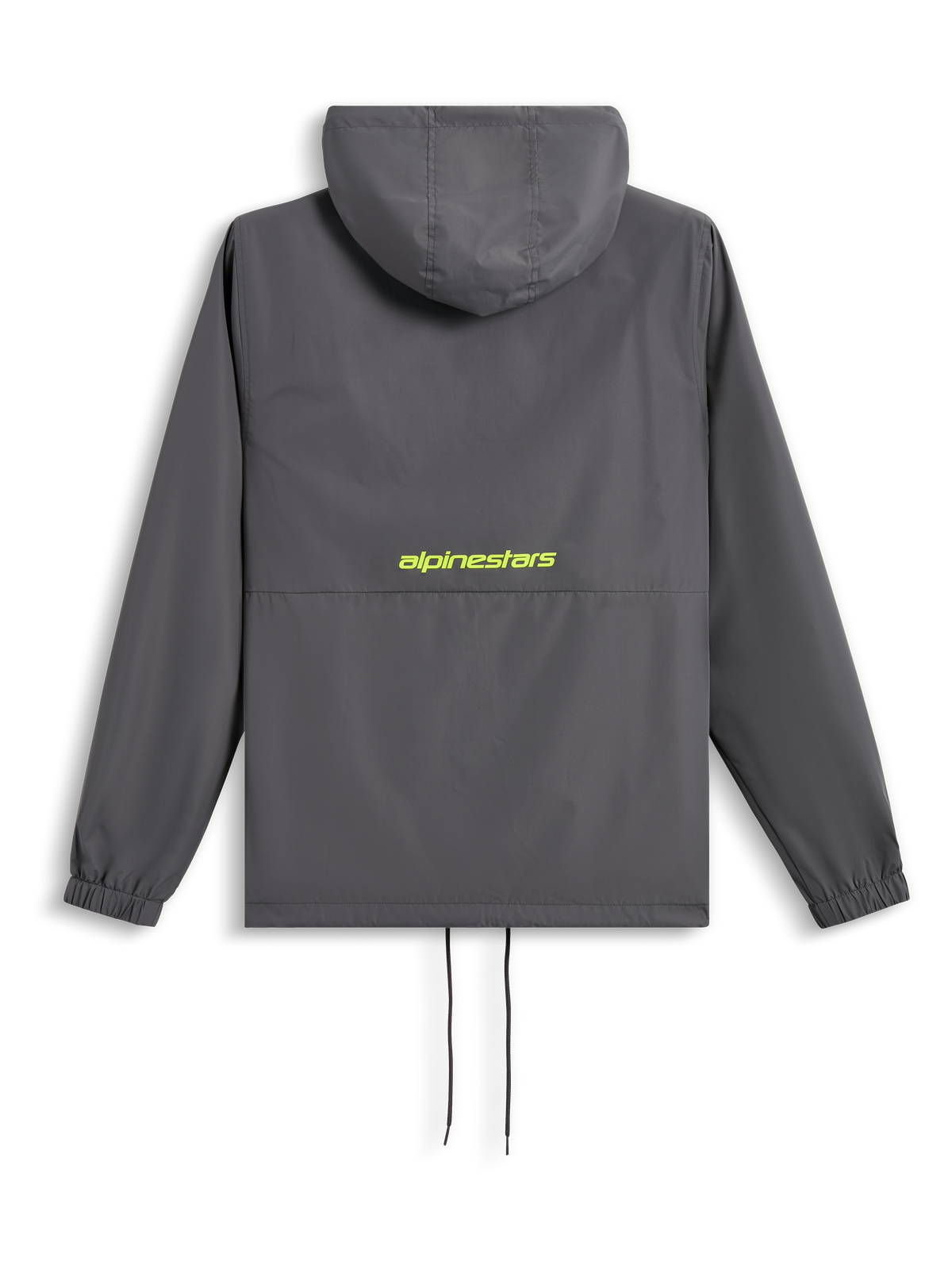 Alpinestars Speeder Chromium Windbreak Jacket, widok z tyłu, grafitowa z żółtym logo Hi-Vis na plecach, wiatrówka z kapturem, elastycznymi mankietami i ściągaczem na dole, codzienna odzież streetwearowa inspirowana sportami motorowymi