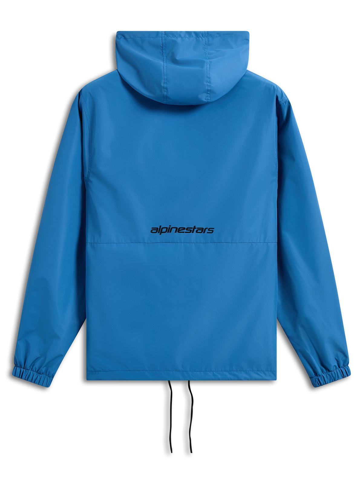 Alpinestars Speeder Chromium Windbreak Jacket, jasnoniebieska, widok z tyłu z czarnym logotypem Alpinestars, lekka wiatrówka z kapturem, elastyczne mankiety, regulowany dół ze ściągaczami, codzienna odzież wierzchnia inspirowana sportami motorowymi