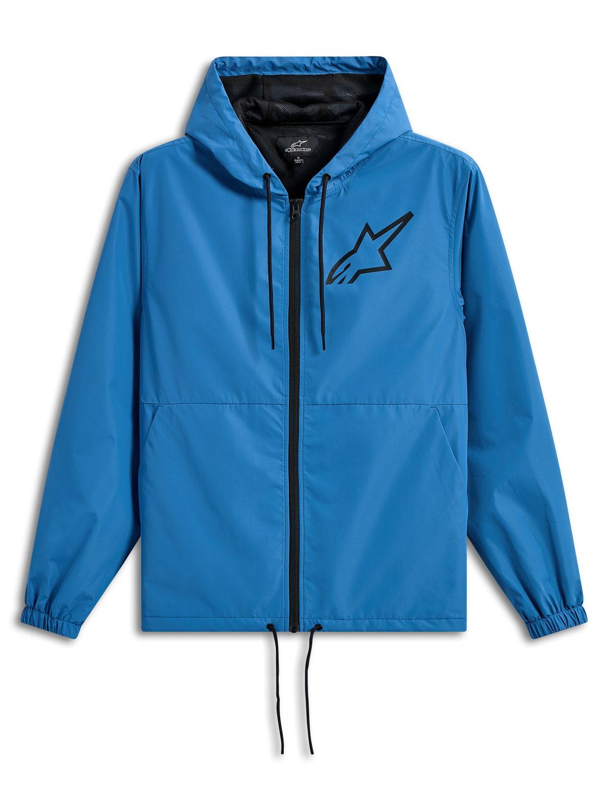 Alpinestars Speeder Chromium Windbreak Jacket, lekka wiatrówka z kapturem, niebieska z czarnymi akcentami, czarne logo Astars na piersi, podszewka z siateczki, zamek błyskawiczny z przodu, regulowane ściągacze przy kapturze i na dole