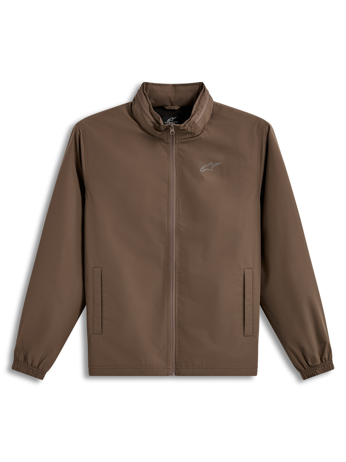 Alpinestars Overhaul Racer, lekka brązowa kurtka sportswear z ukrytym kapturem i logo Astars na klatce piersiowej.