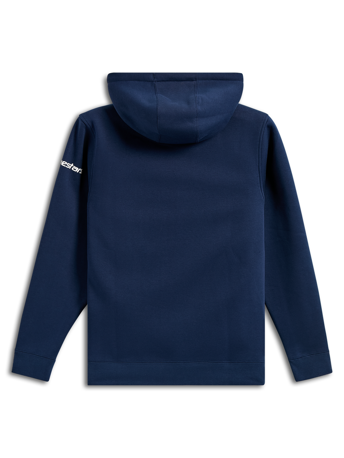 Alpinestars Frontal Hoodie, casual navy blue fleece pullover, rear view, white Alpinestars word logo on sleeve, ribbed cuffs and hem, motorsport-inspired streetwear