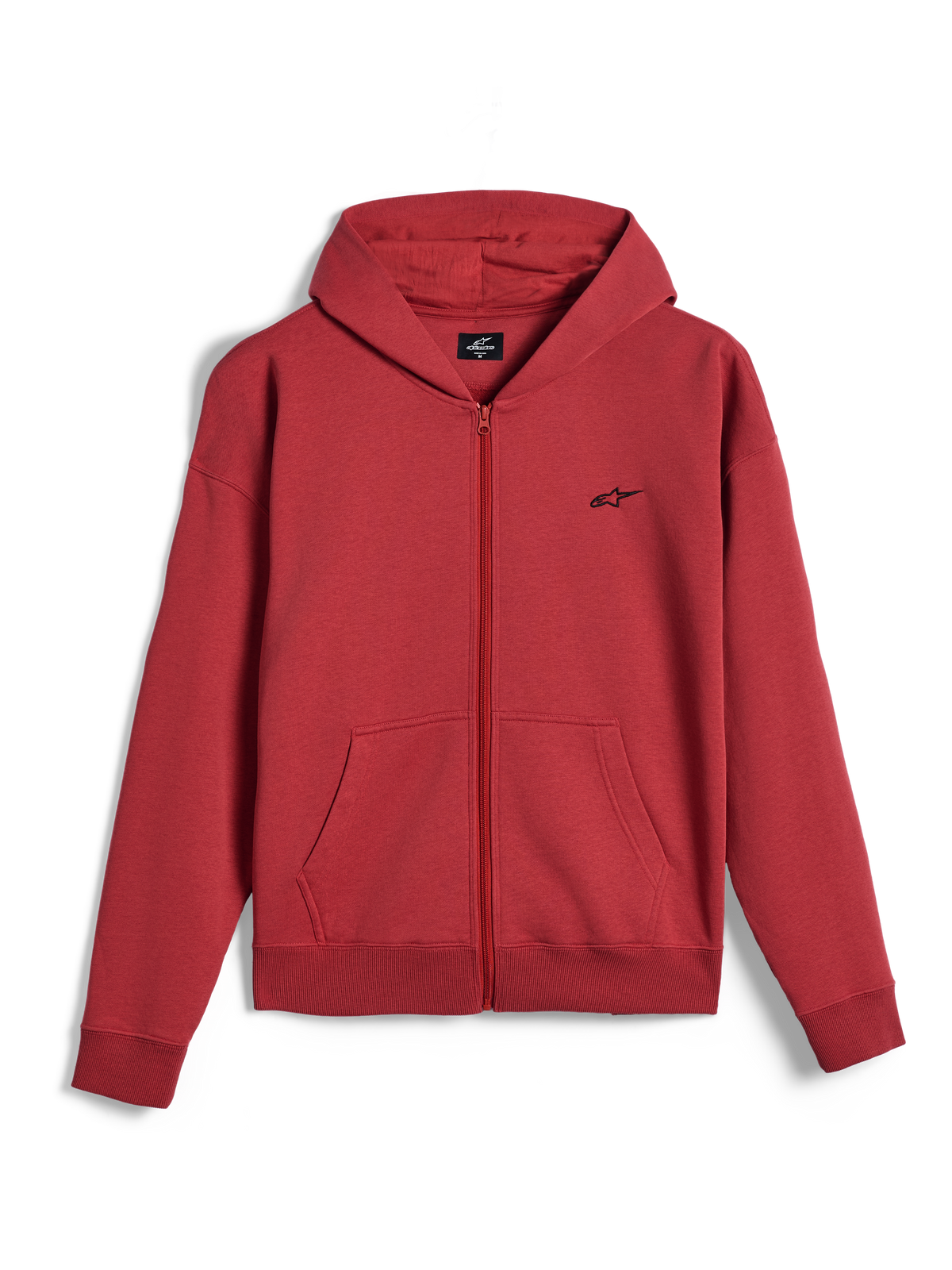 Alpinestars Essentials Ageless Zip Hoodie, rozpinana bluza z kapturem, kolor ceglasty, małe czarne logo Alpinestars na piersi, codzienna odzież streetwear, ściągacze przy mankietach i na dole