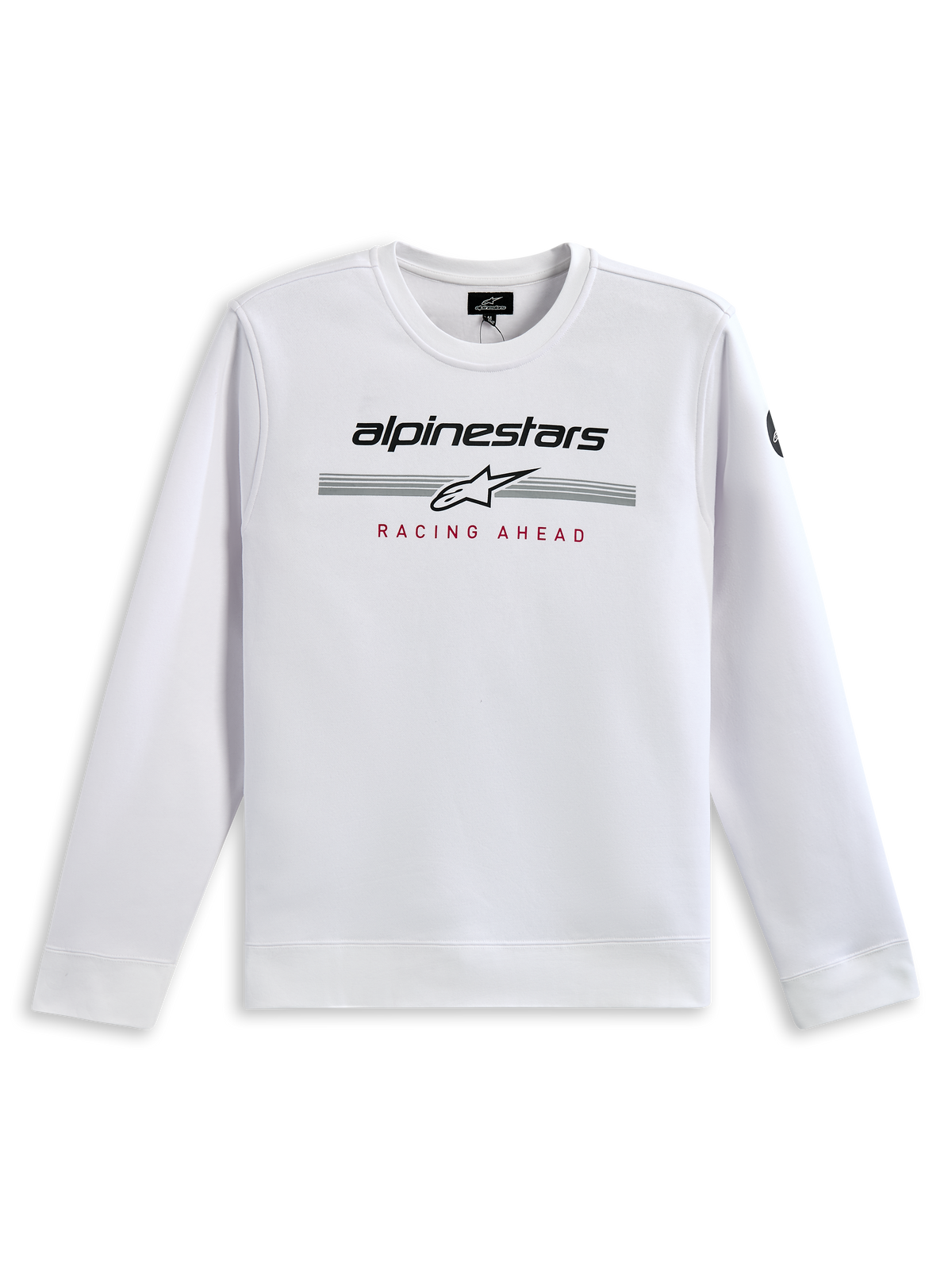 Bluza Alpinestars Bettern Crew, biała, z czarnym brandingiem Alpinestars, szarymi pasami wyścigowymi z białym logo gwiazdy i czerwonym nadrukiem „RACING AHEAD”, casualowa odzież uliczna inspirowana sportami motorowymi