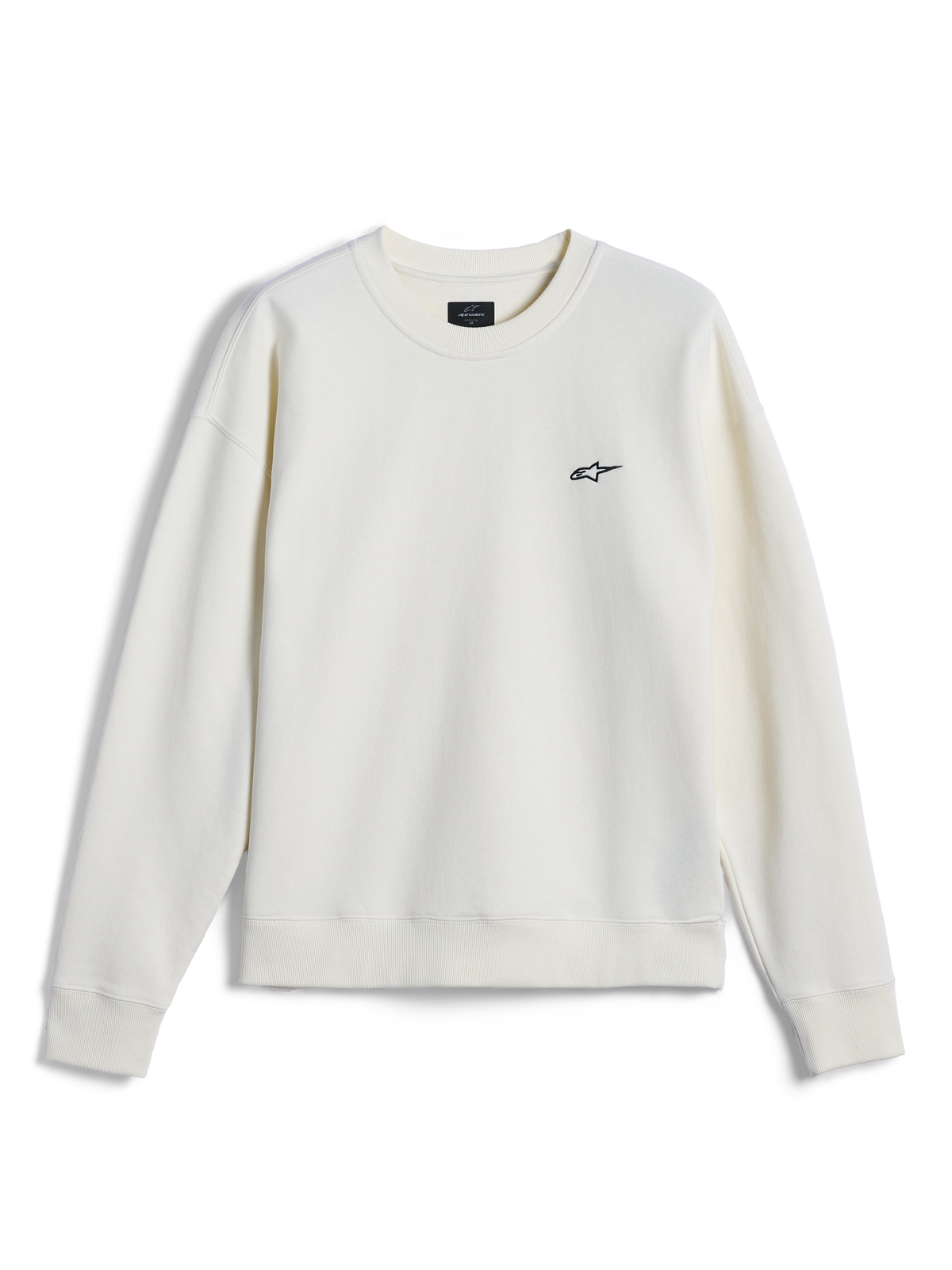 Alpinestars Essentials Ageless Crew, bluza z okrągłym dekoltem, kolor złamanej bieli, małe czarne logo Alpinestars na piersi, ściągacze przy dekolcie, mankietach i na dole, casualowy streetwear inspirowany sportami motorowymi