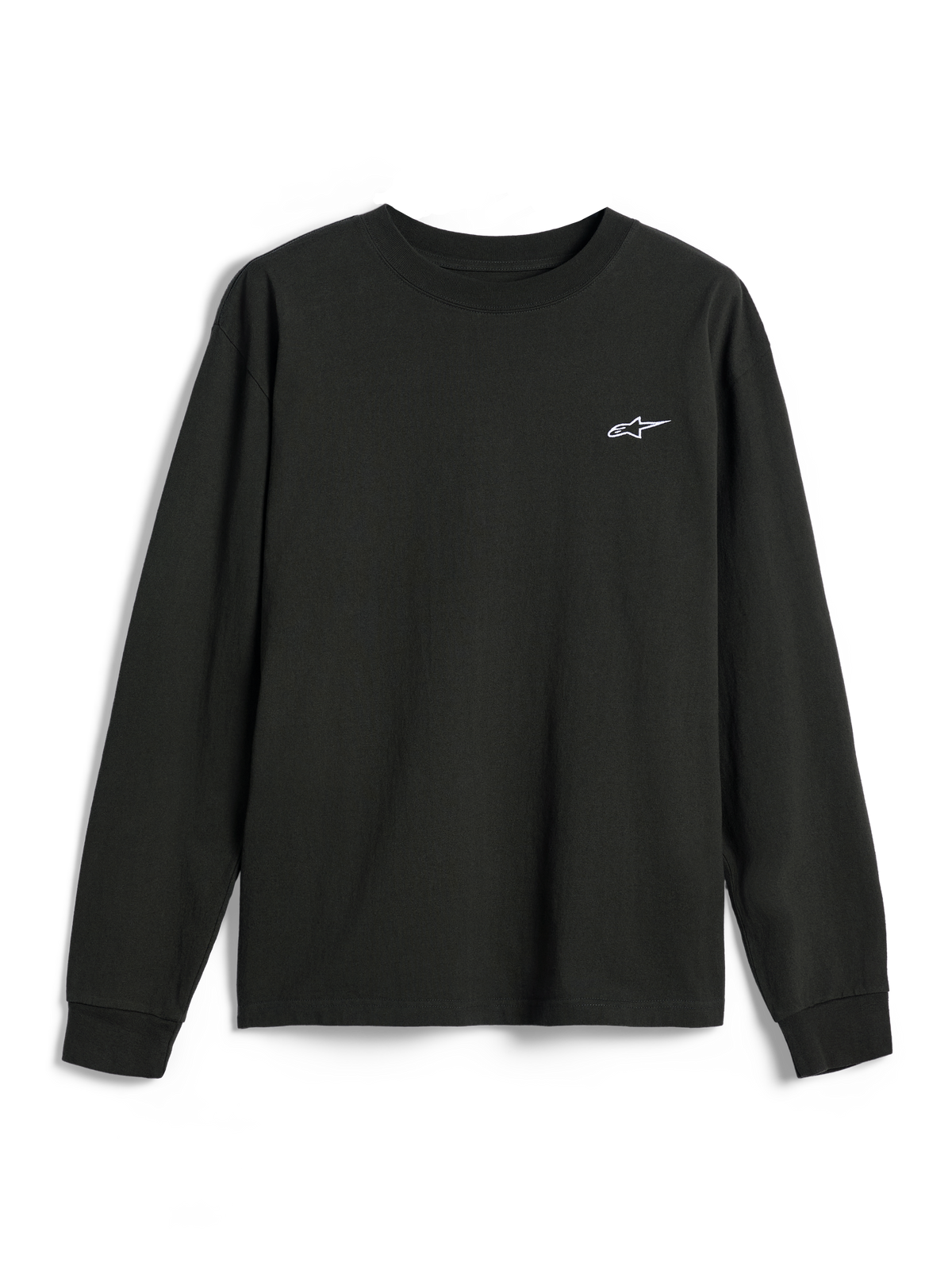 Alpinestars Essentials Ageless LS Tee, koszulka z długim rękawem, kolor Off Black, małe białe logo Alpinestars na piersi, okrągły dekolt, luźny krój, codzienny styl streetwear