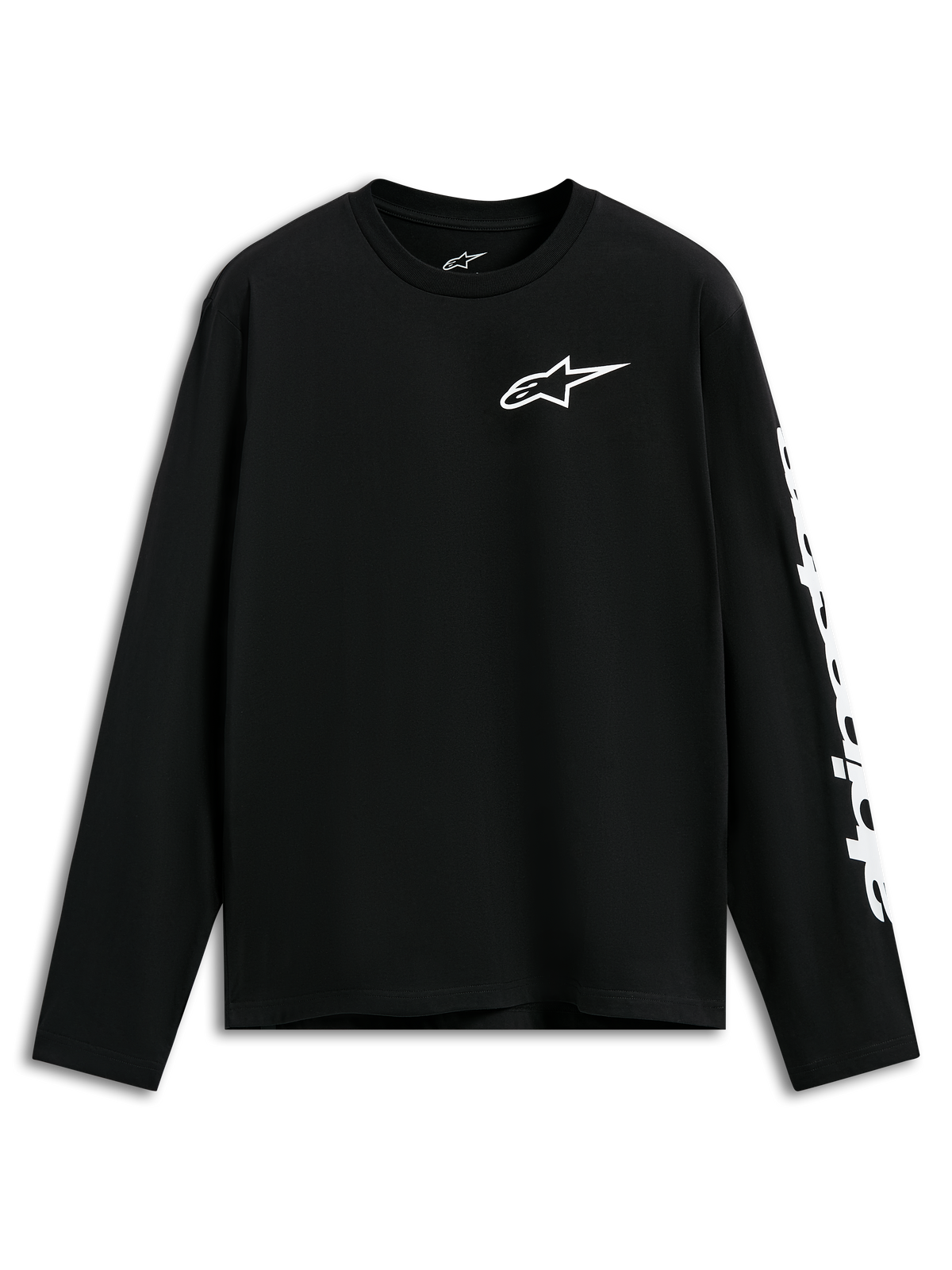 Alpinestars Trackside CSF Tee, koszulka z długim rękawem, czarna, białe logo Alpinestars na piersi i grafika na rękawie, codzienna odzież streetwearowa inspirowana motorsportem