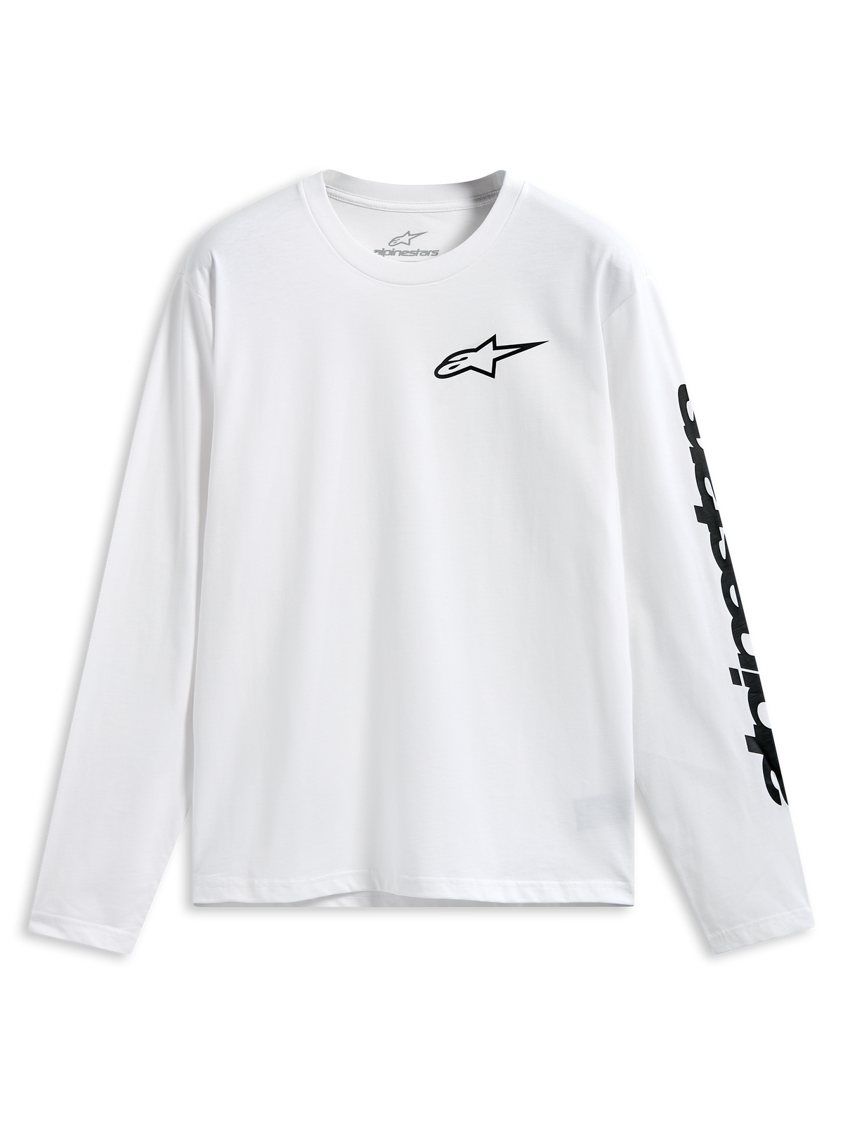 Alpinestars Trackside CSF Tee, koszulka z długim rękawem, biała, czarne logo Alpinestars na piersi i napis na rękawie, codzienna odzież sportowa motorsport
