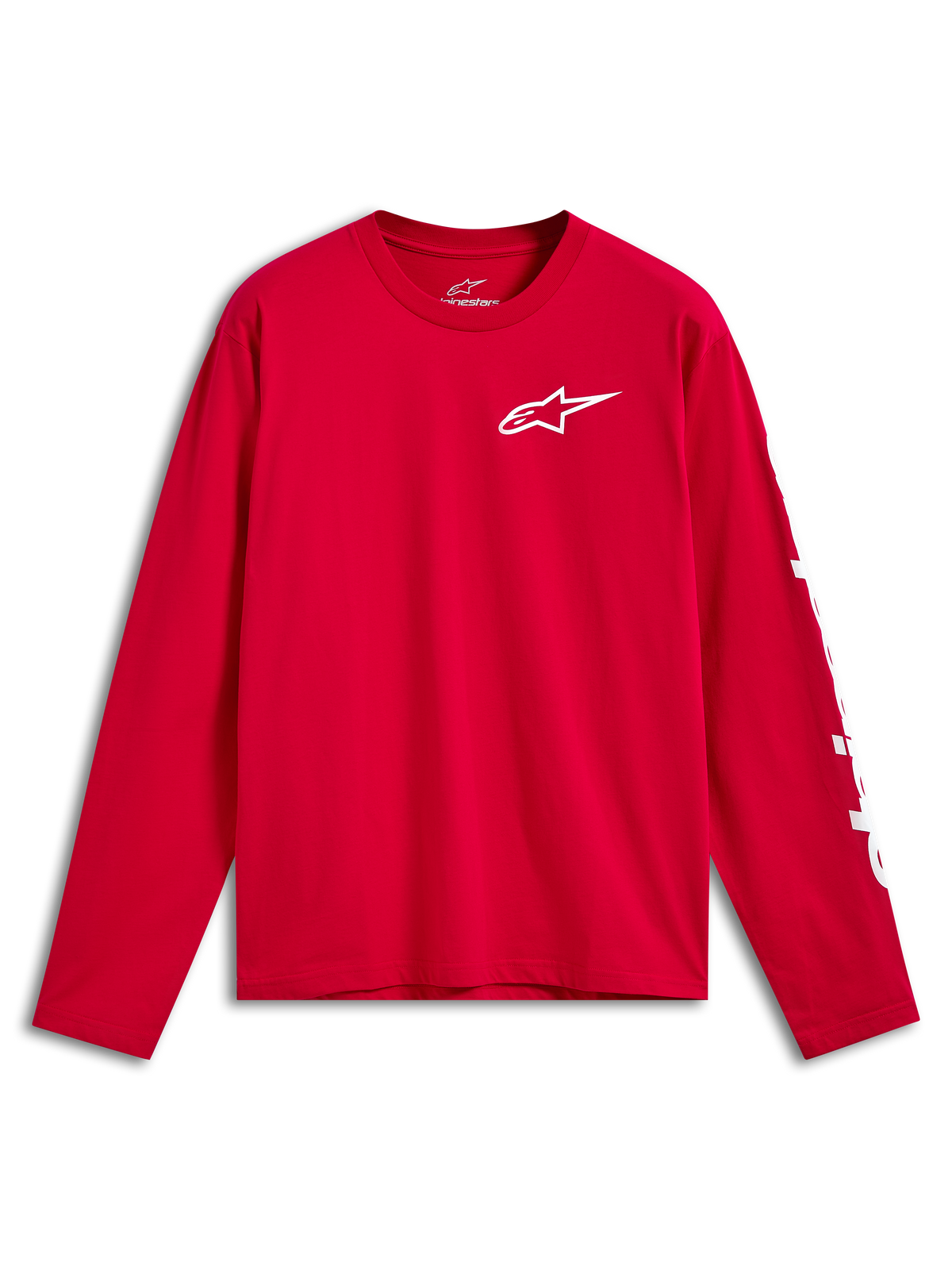Alpinestars Trackside CSF Tee, koszulka z długim rękawem, czerwona z białym logo Ride 4.0 na piersi i białym brandingiem na rękawie, codzienna odzież motorsportowa