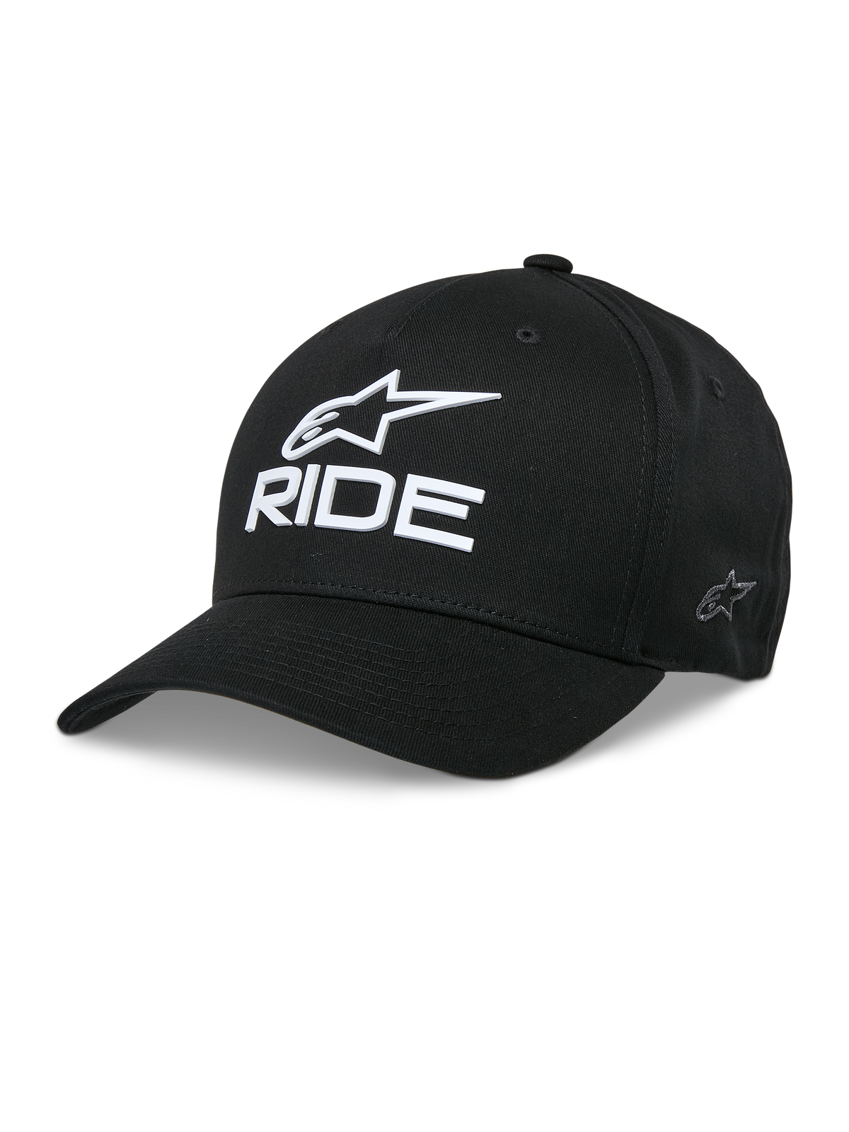 Alpinestars Ride Sonic Hat, czarna czapka z daszkiem, białe haftowane logo 3D z gwiazdą i napisem RIDE, zakrzywiony daszek, usztywniona korona, codzienne nakrycie głowy w stylu motorsportowym
