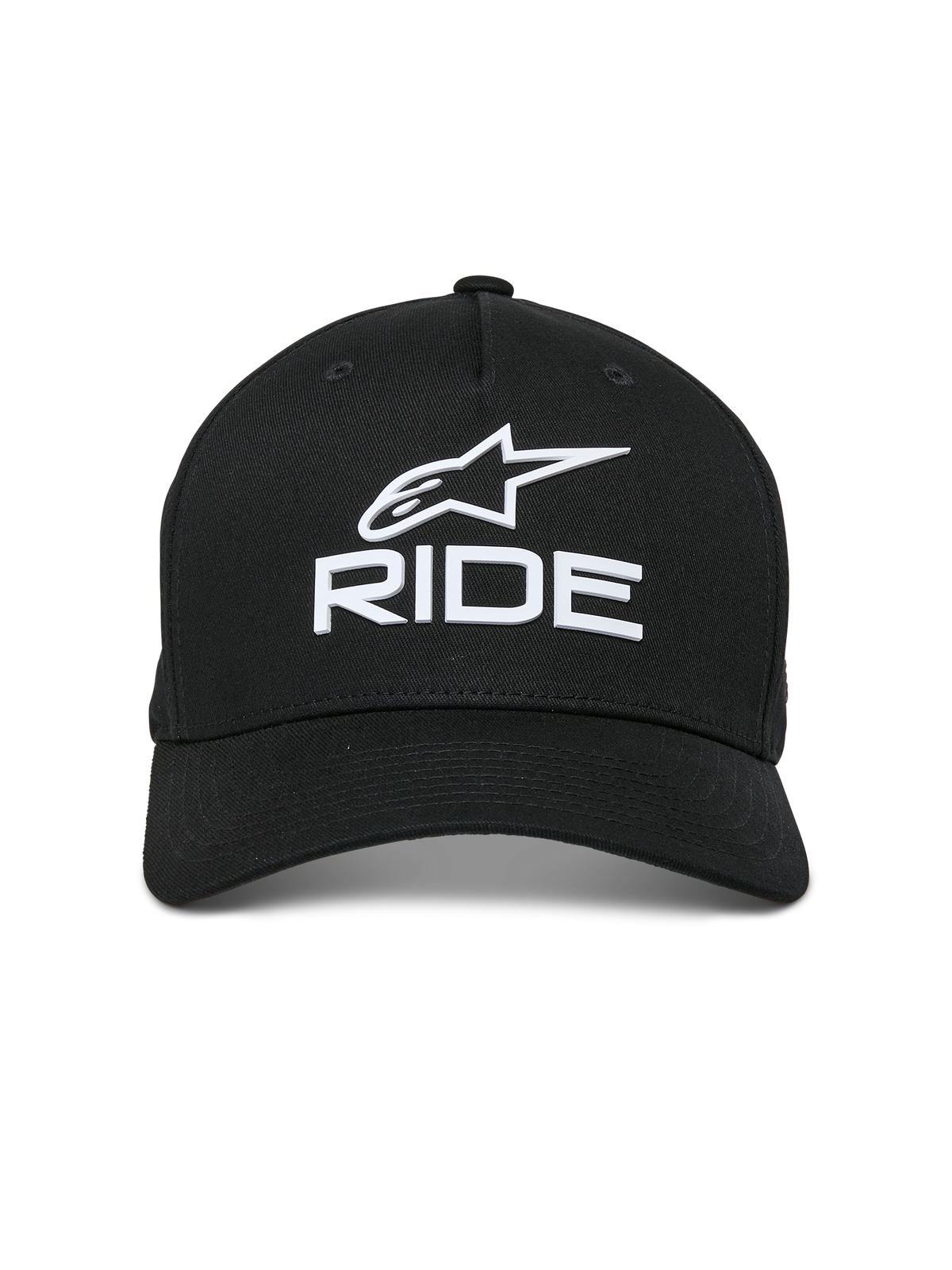 Alpinestars Ride Sonic Hat, czarna, posiada białe haftowane logo 3D z gwiazdą Alpinestars i napisem „RIDE”, zakrzywiony daszek, usztywniona korona, styl streetwear inspirowany motorsportem