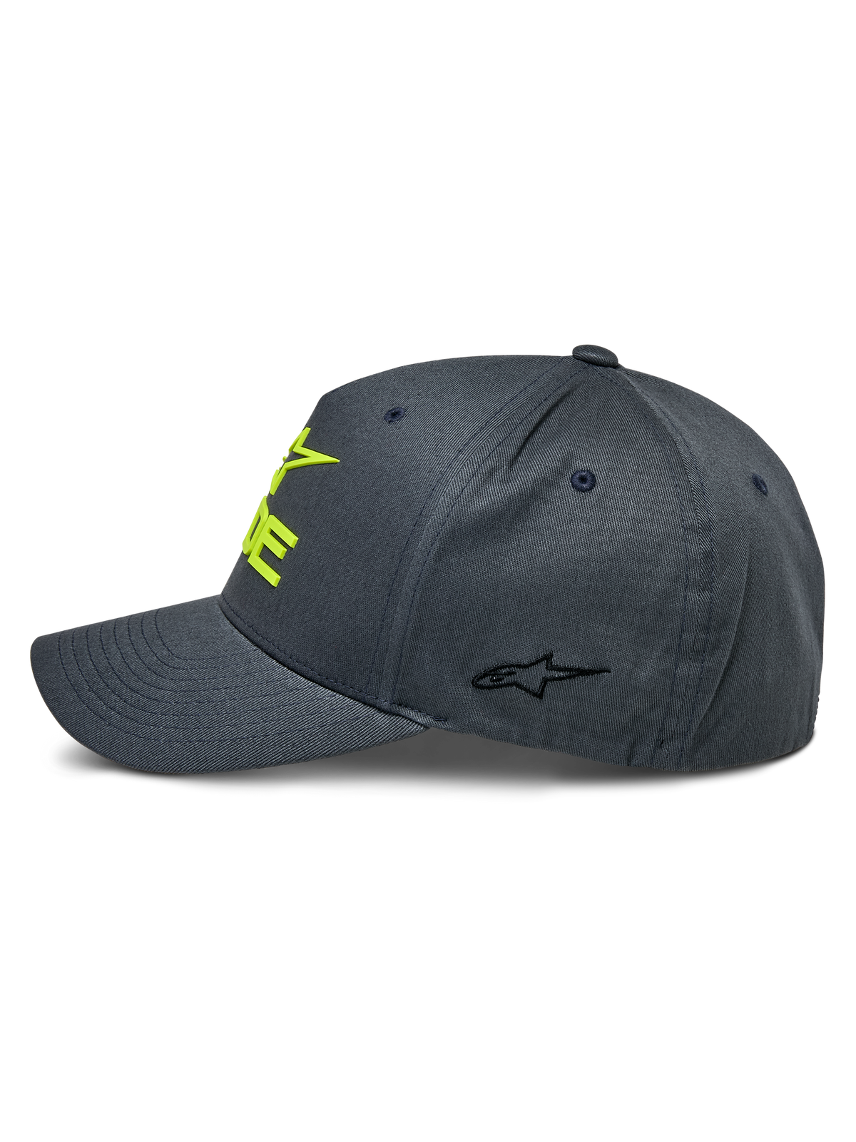 Alpinestars Ride Sonic Hat, grafitowa i jaskrawożółta, widok z boku prezentujący zakrzywiony daszek i usztywnioną koronę, żółte haftowane logo 3D z przodu i małe czarne logo gwiazdy na panelu bocznym, sportowe nakrycie głowy