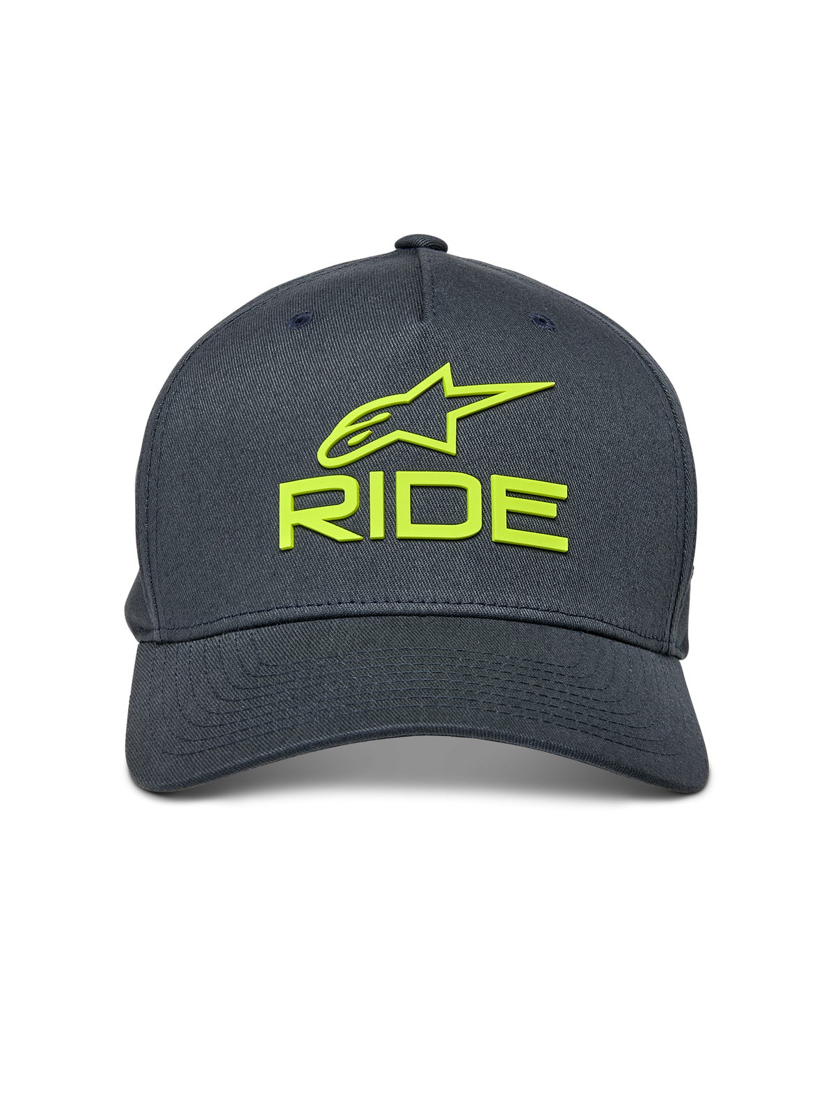 Alpinestars Ride Sonic Hat, grafitowa z jaskrawożółtymi elementami, haftowane logo 3D Alpinestars i napis RIDE, zakrzywiony daszek, usztywniona korona, codzienna czapka inspirowana sportami motorowymi