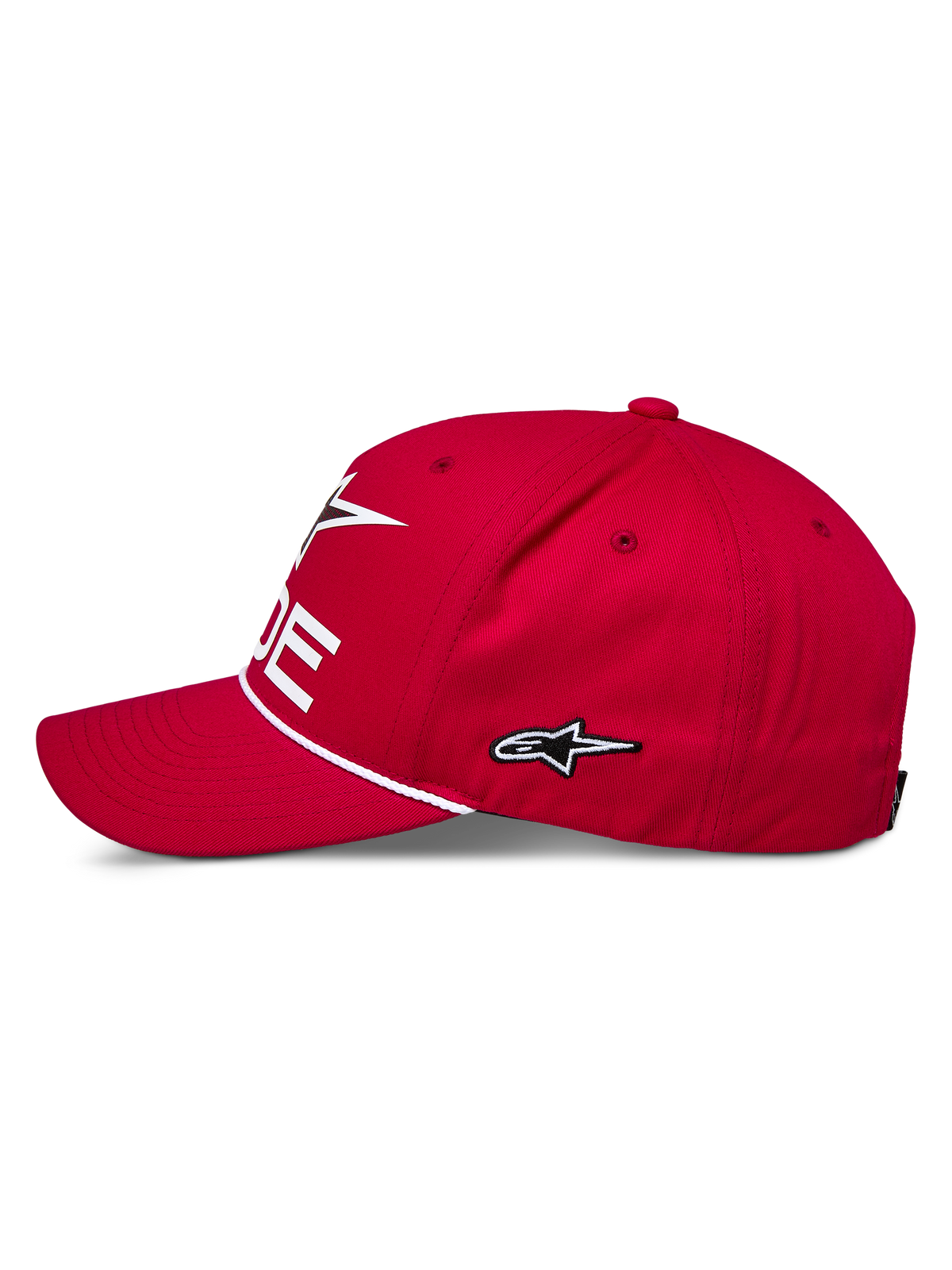 Czapka Alpinestars Ride Comp Snapback, czerwona, profil boczny, białe haftowane logo gwiazdy, ozdobny pleciony sznur, zakrzywiony daszek, sportowa odzież motorsportowa