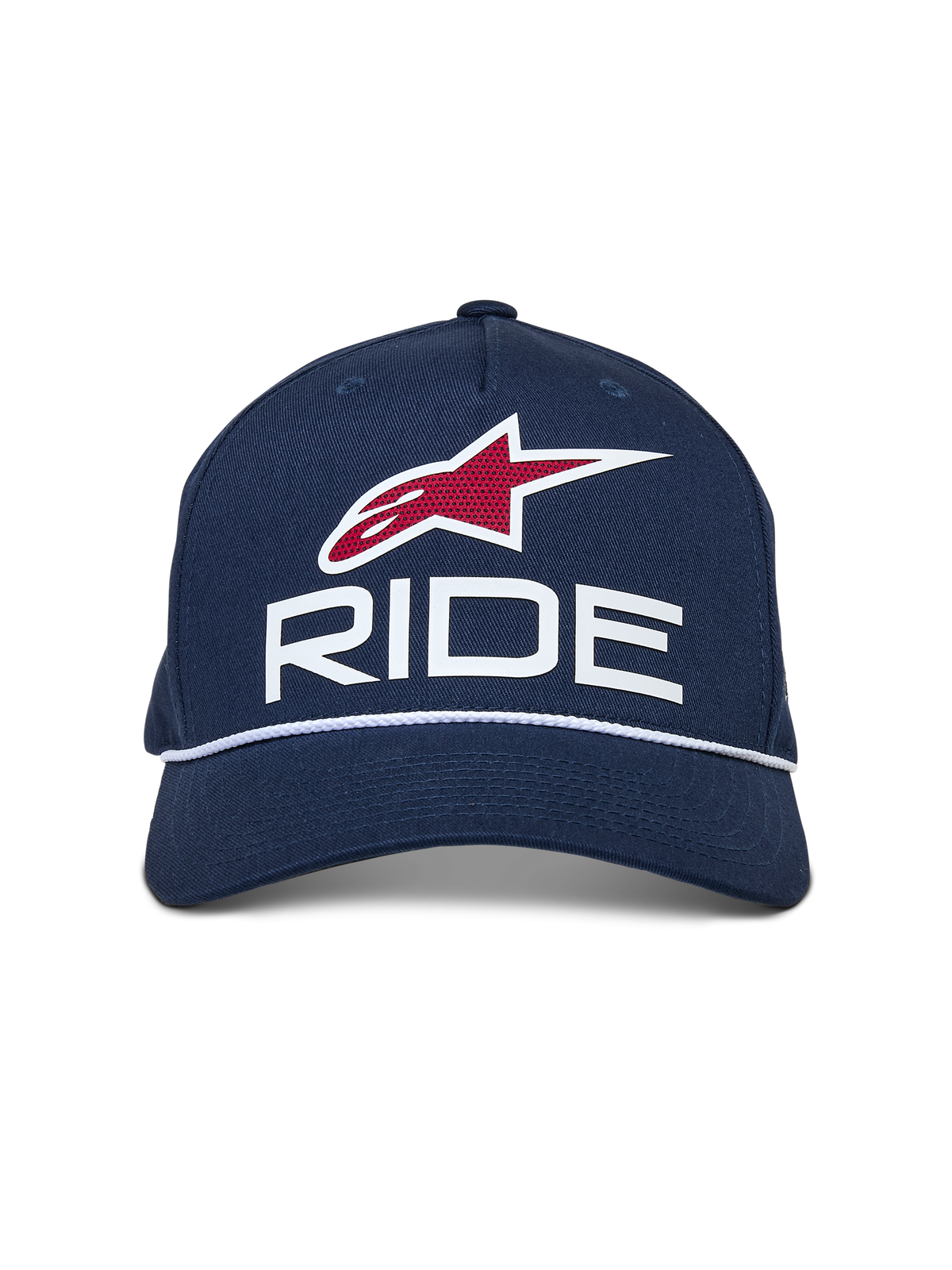 Alpinestars Ride Comp Snapback Hat, granatowa czapka z daszkiem z białymi i czerwonymi akcentami, logo RIDE 3D, czerwony symbol gwiazdy, biały pleciony sznurek, zakrzywiony daszek, sportowe nakrycie głowy