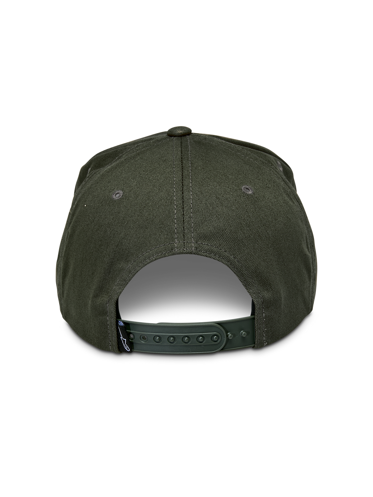 Alpinestars Promptus Snapback Hat, Military Green, rear view featuring adjustable snapback closure and cotton twill fabric, small black brand label, casual motorsport-inspired headwear