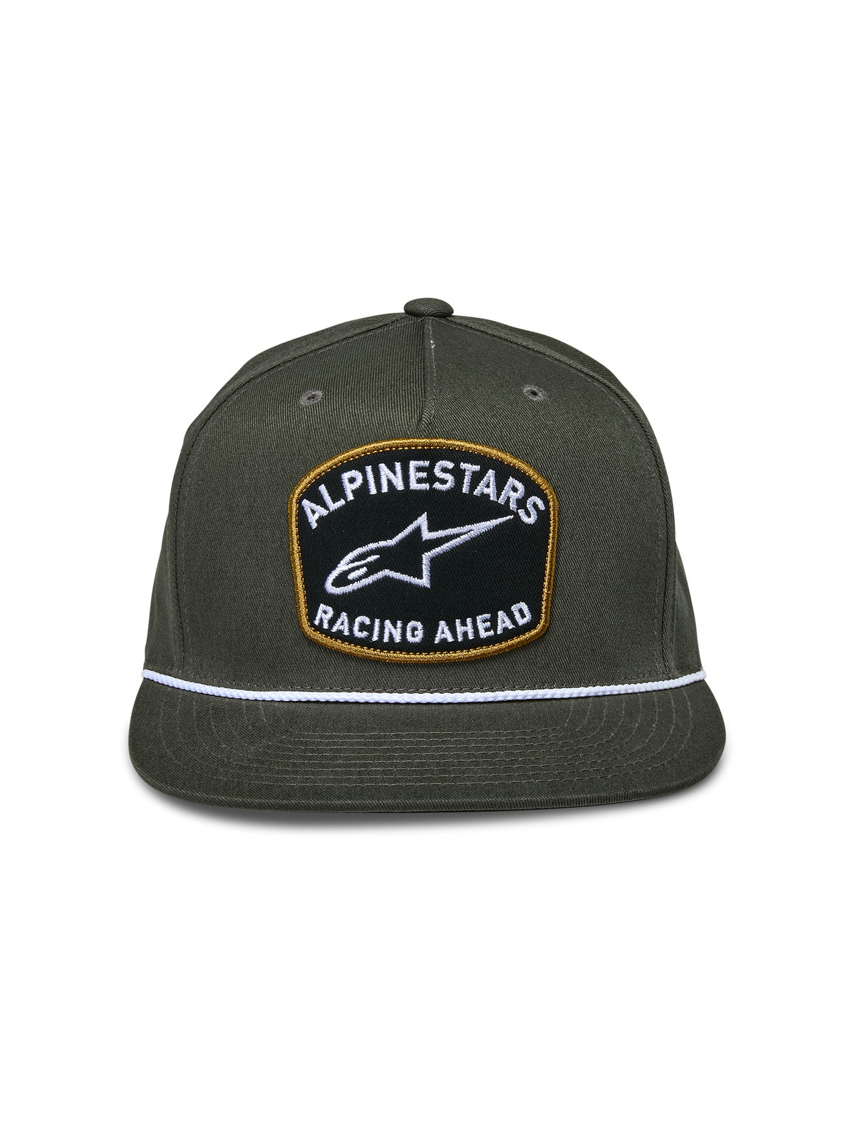Alpinestars Promptus Snapback Hat, Military Green, structured crown with flat bill, large front patch with white 'Alpinestars Racing Ahead' embroidery and gold border, white braided rope detail, casual motorsport headwear