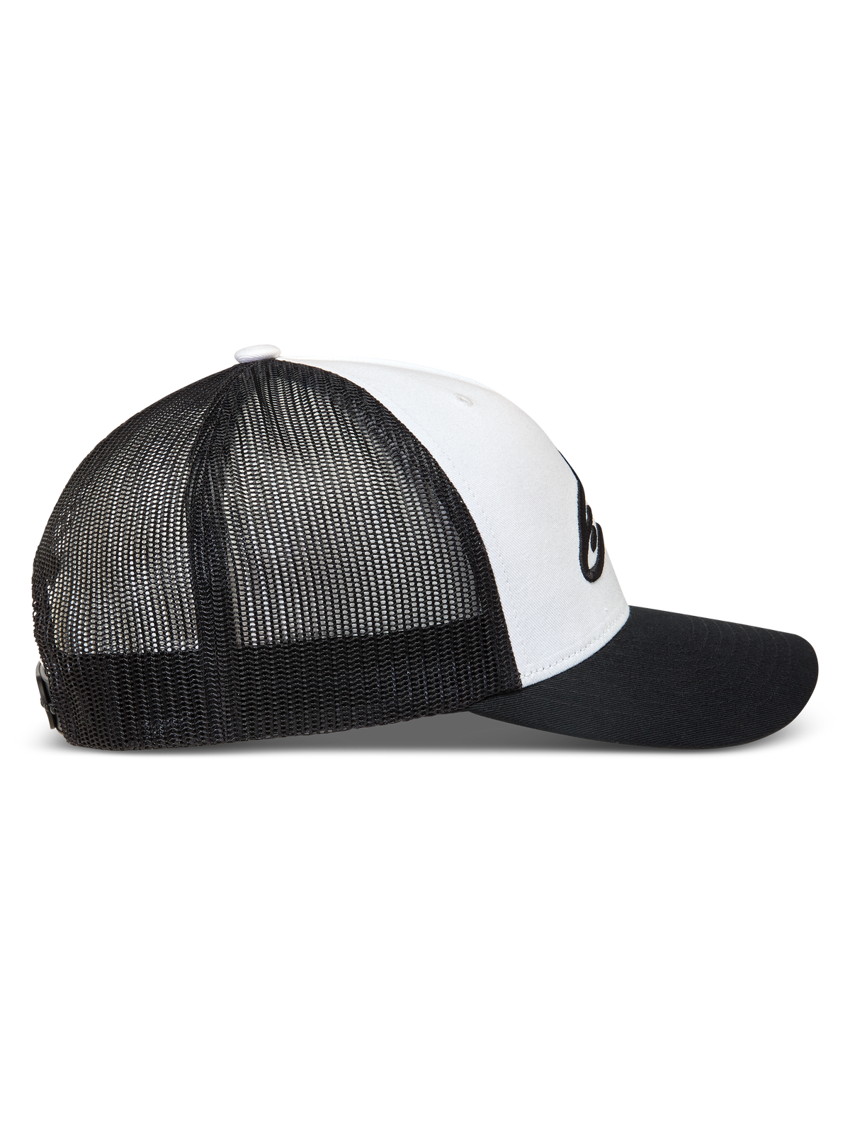 Alpinestars Ageless Snapback, czarna i biała czapka z daszkiem typu trucker, siatkowy tył i zakrzywiony daszek, logo Astars, odzież sportowa.