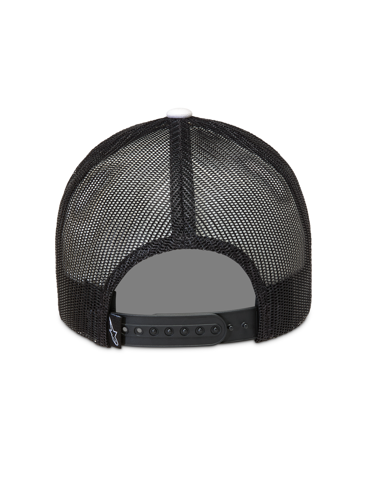 Alpinestars Ageless Snapback, czarna czapka z daszkiem typu trucker, siateczkowy tył, biały guzik na czubku, regulowane zapięcie typu snap back, widok z tyłu.