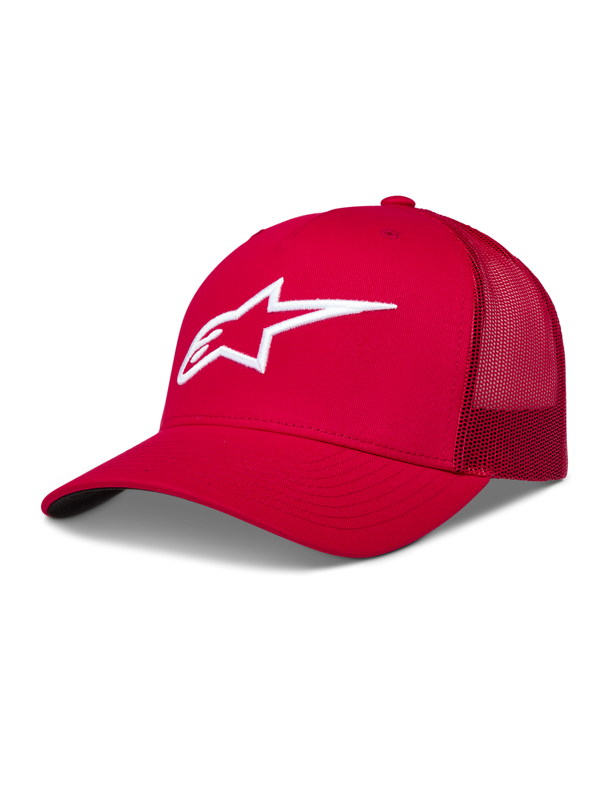 Alpinestars Ageless Trucker Hat, czerwona czapka z daszkiem, białe haftowane logo Astars 3D, siateczkowy tył, styl motorsport