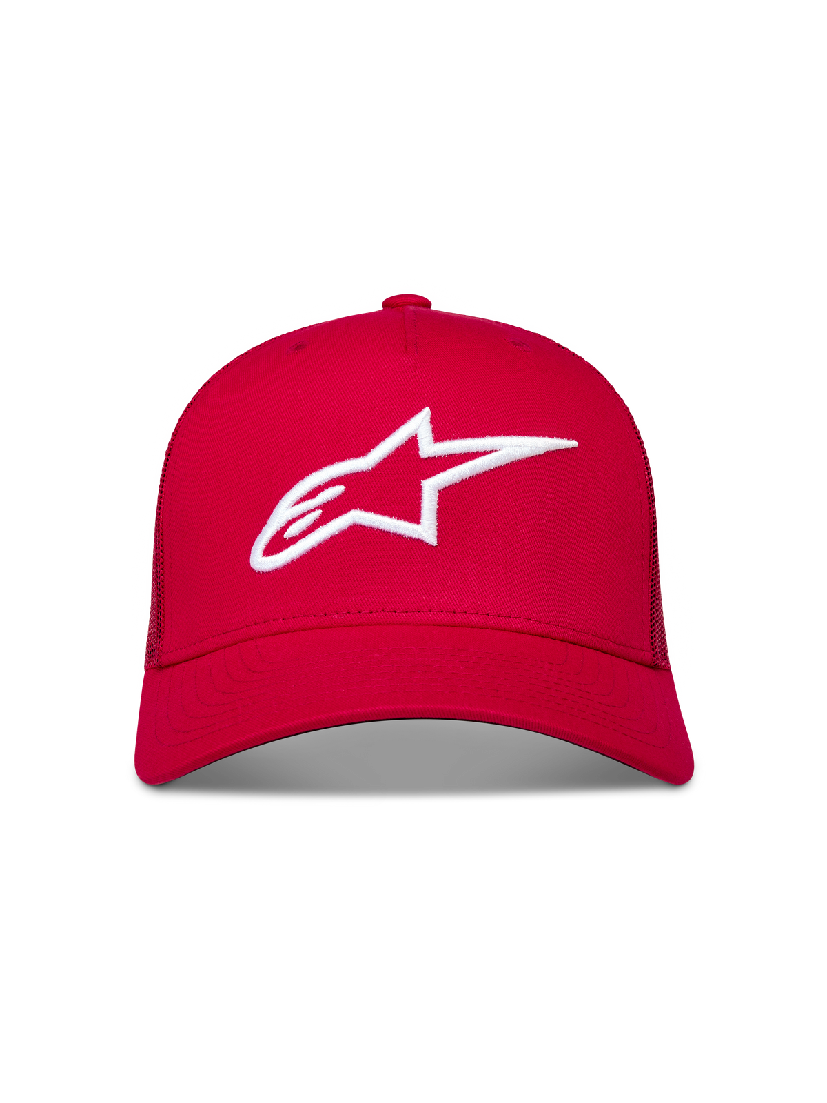Alpinestars Ageless Snapback, czerwona czapka z daszkiem z białym haftowanym logo 3D Astars i zakrzywionym daszkiem.