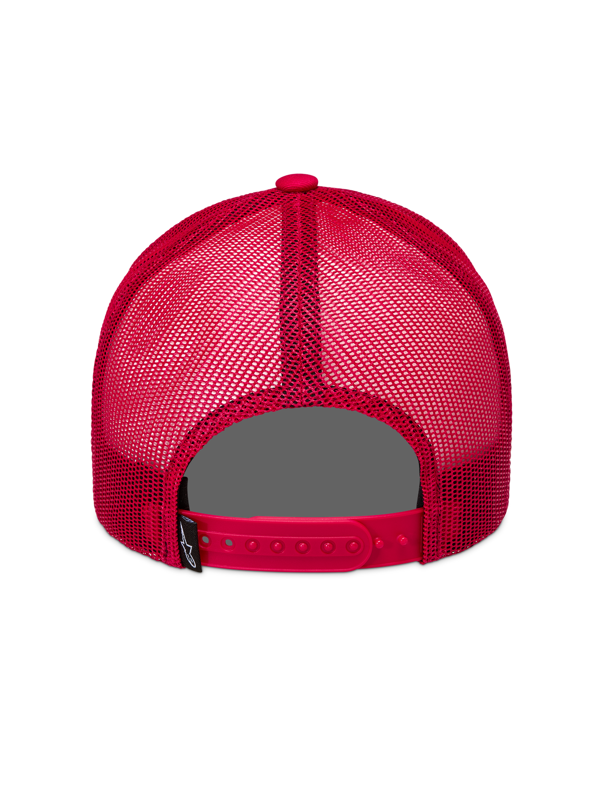 Alpinestars Ageless Snapback Kapelusz, czerwona czapka z daszkiem typu trucker, widok z tyłu z oddychającymi panelami z siateczki, regulowanym zapięciem snapback i metką z logo.