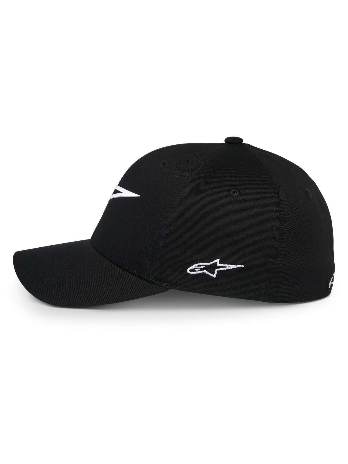 Alpinestars Ageless Multi Hat, czarna czapka z daszkiem, widok z profilu z białym haftowanym logo Astars, zakrzywiony daszek i usztywniona korona, casualowa odzież sportowa