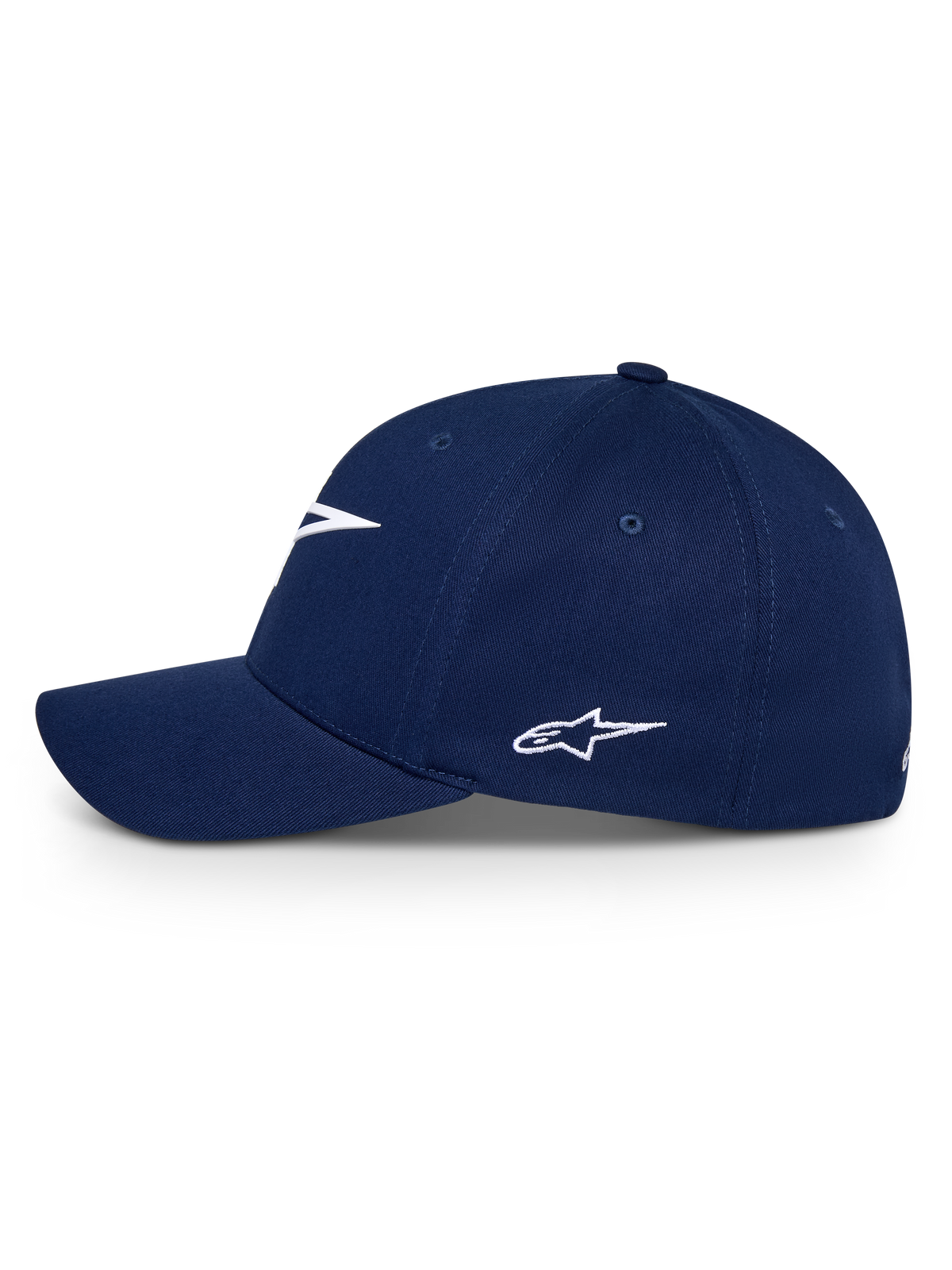 Alpinestars Ageless Multi Hat, granatowa czapka z zakrzywionym daszkiem, widok z boku, białe haftowane logo Astars, sportowe nakrycie głowy