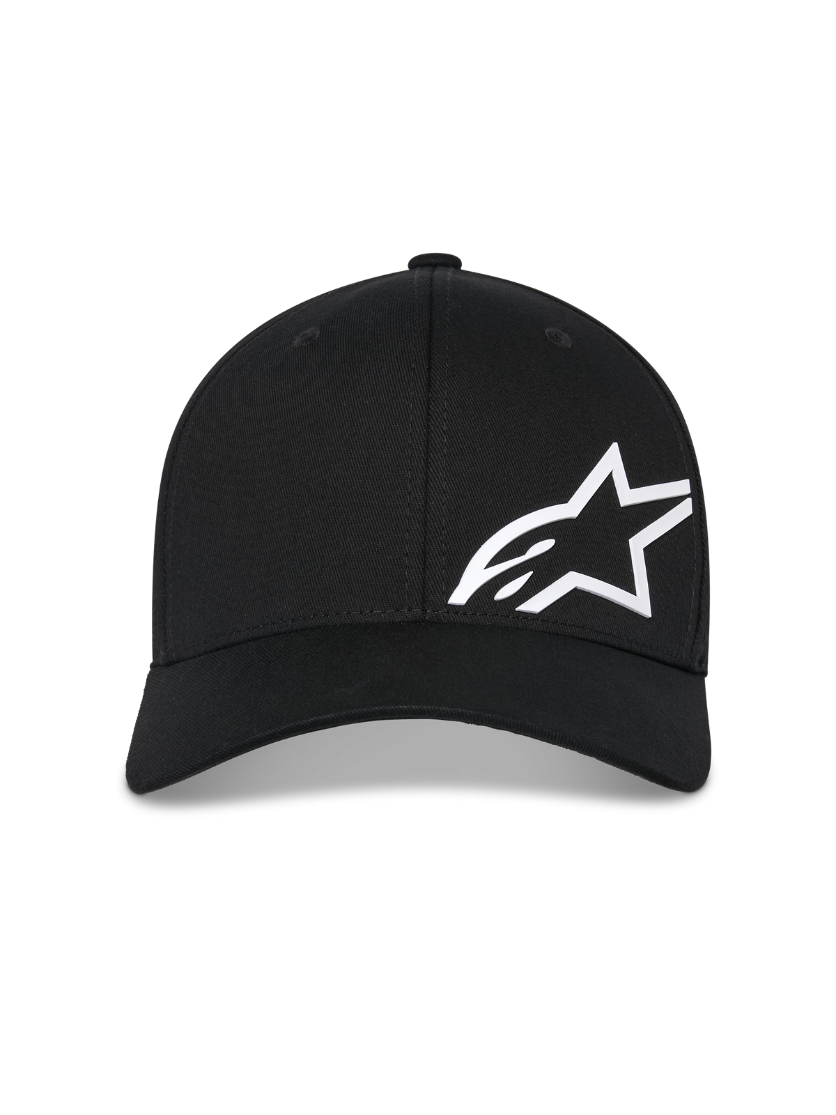 Alpinestars Corp Shift Multi Hat, czarna czapka z daszkiem, białe logo Astars w 3D z przodu, zakrzywiony daszek, usztywniona korona, codzienne nakrycie głowy inspirowane motorsportem
