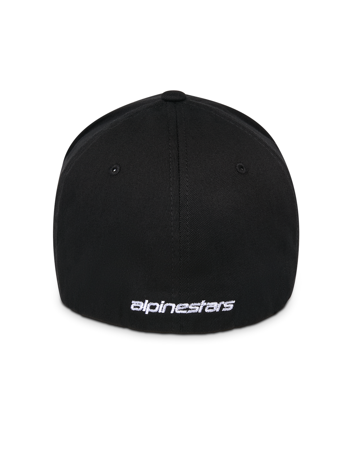 Alpinestars Corp Shift Multi Hat, czarna czapka, widok z tyłu z białym płasko haftowanym logo u podstawy, elastyczna konstrukcja typu stretch-fit, codzienne nakrycie głowy inspirowane sportami motorowymi