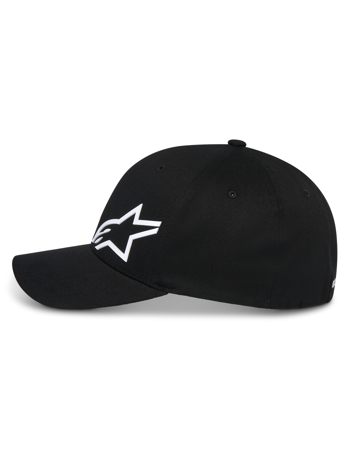 Alpinestars Corp Shift Multi Hat, czarna czapka z daszkiem, widok z boku, białe logo Astars 3D z przodu, zakrzywiony daszek, usztywniona korona, casualowa odzież streetwear inspirowana sportami motorowymi