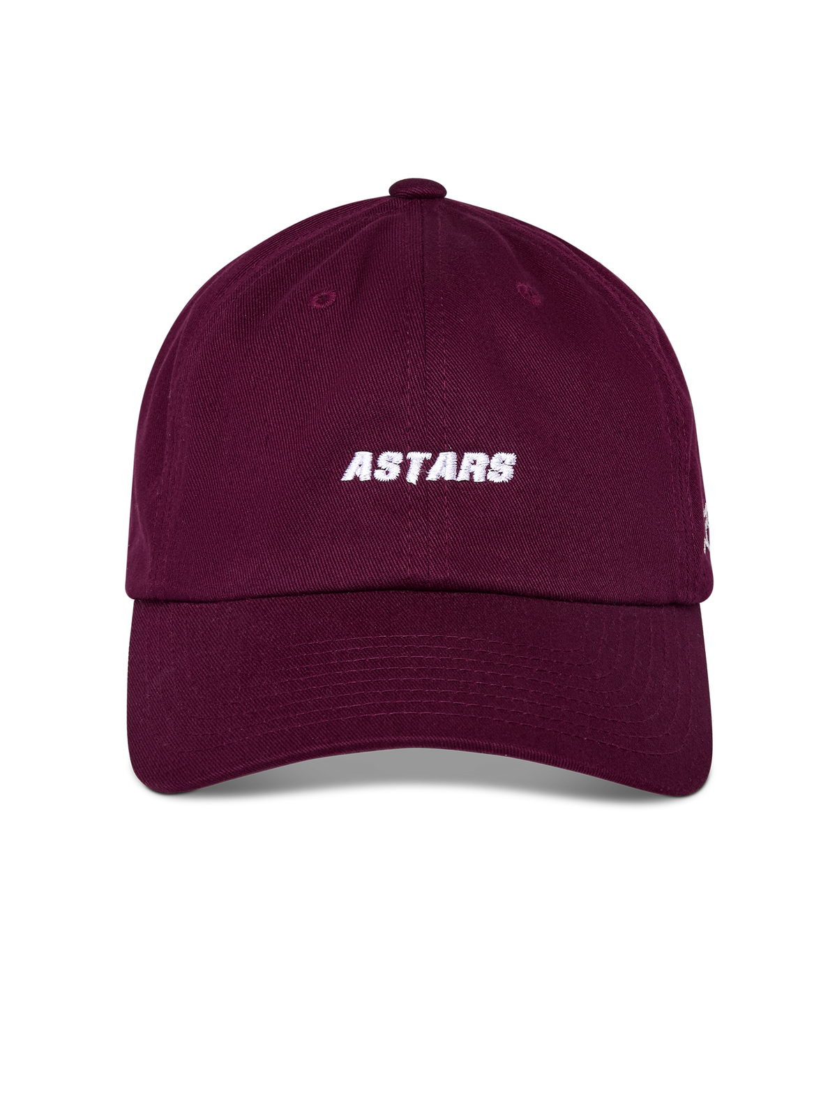 Alpinestars Deduce Strapback Hat, bordowa czapka z daszkiem, biały haft ASTARS z przodu, zakrzywiony daszek z nieusztywnioną niską koroną, codzienne sportowe nakrycie głowy