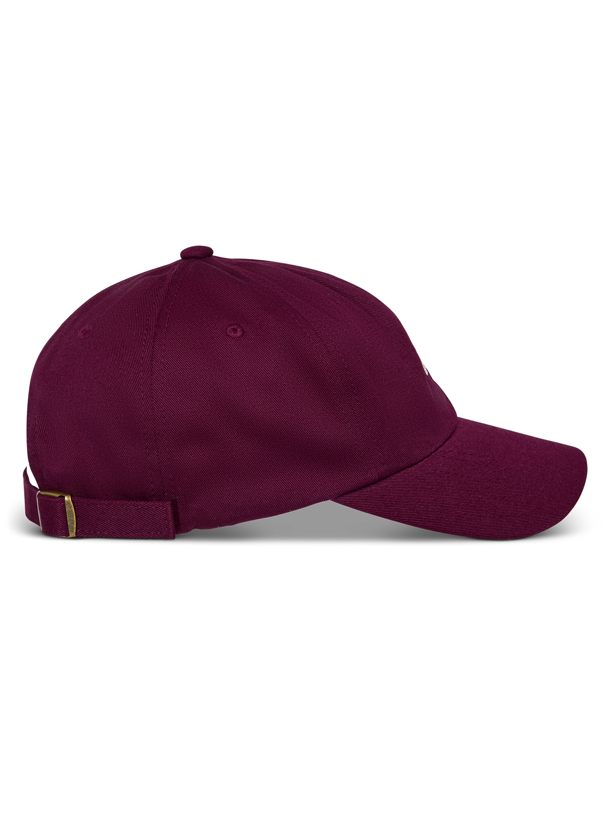 Alpinestars Deduce Strapback Hat, bordowa czapka z daszkiem, widok z boku, zakrzywiony daszek i nieusztywniona niska korona, regulowany materiałowy pasek z metalową klamrą, bawełniany kepr