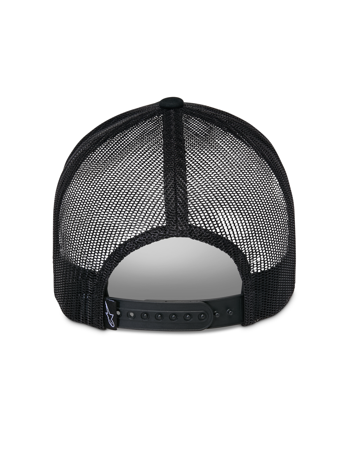 Alpinestars Reflect Ageless Trucker Hat, czarna czapka typu trucker, widok z tyłu ukazujący oddychające panele z siateczki poliestrowej i regulowane zapięcie snapback, mała tkana metka z logo, codzienne nakrycie głowy inspirowane sportami motorowymi